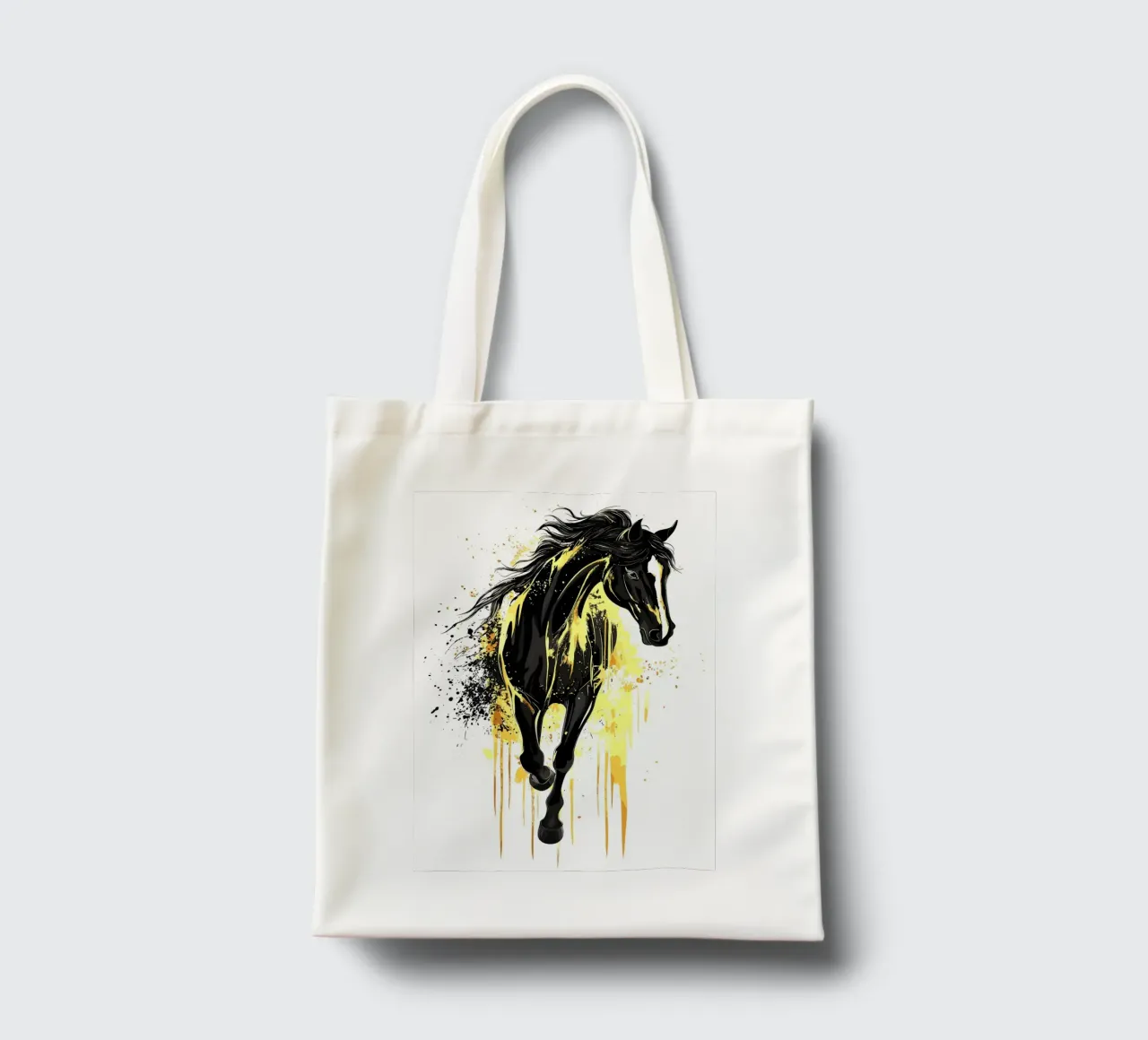 Cavallo nero con schizzi di vernice gialla borsa in juta da pixelbull - medieval art and more