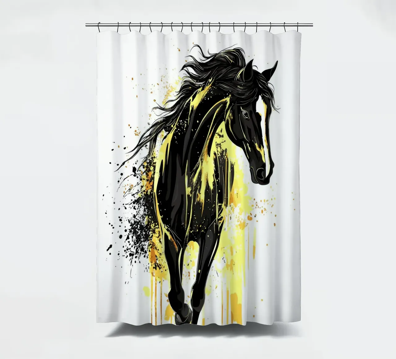 Schwarzes Pferd mit gelben Farbspritzern Duschvorhang von pixelbull - medieval art and more