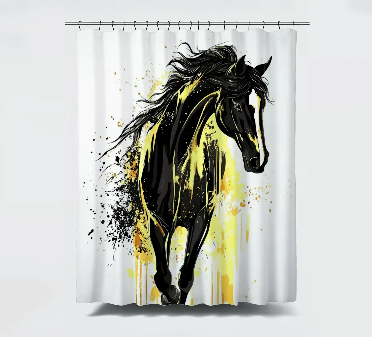 Schwarzes Pferd mit gelben Farbspritzern Duschvorhang von pixelbull - medieval art and more