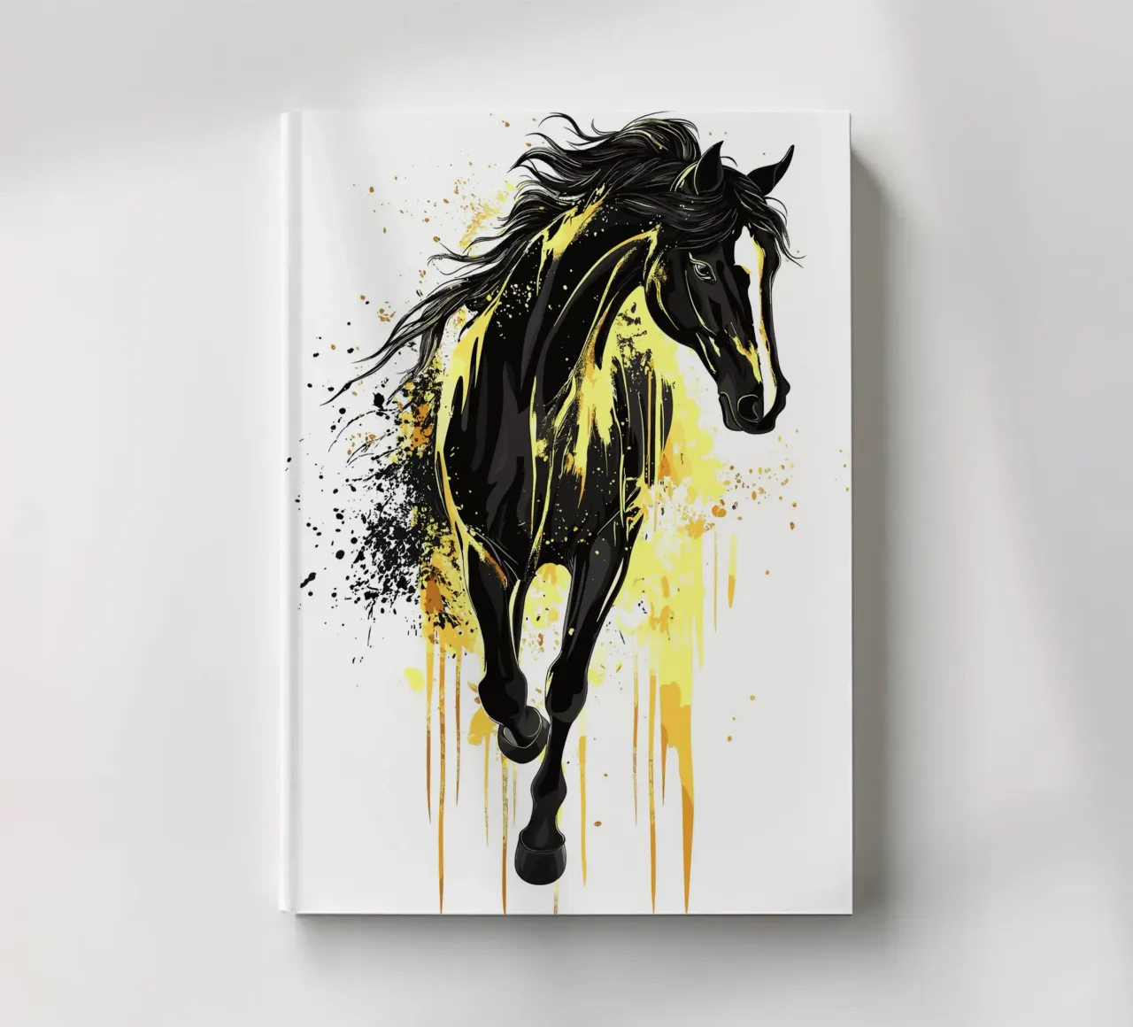 Cheval noir avec des éclaboussures de peinture jaune carnet de notes de pixelbull - medieval art and more