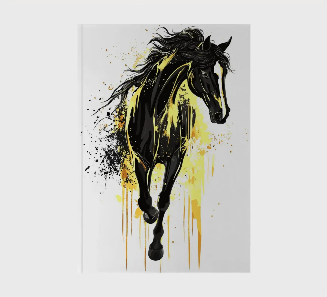 Cheval noir avec des éclaboussures de peinture jaune carnet de notes de pixelbull - medieval art and more