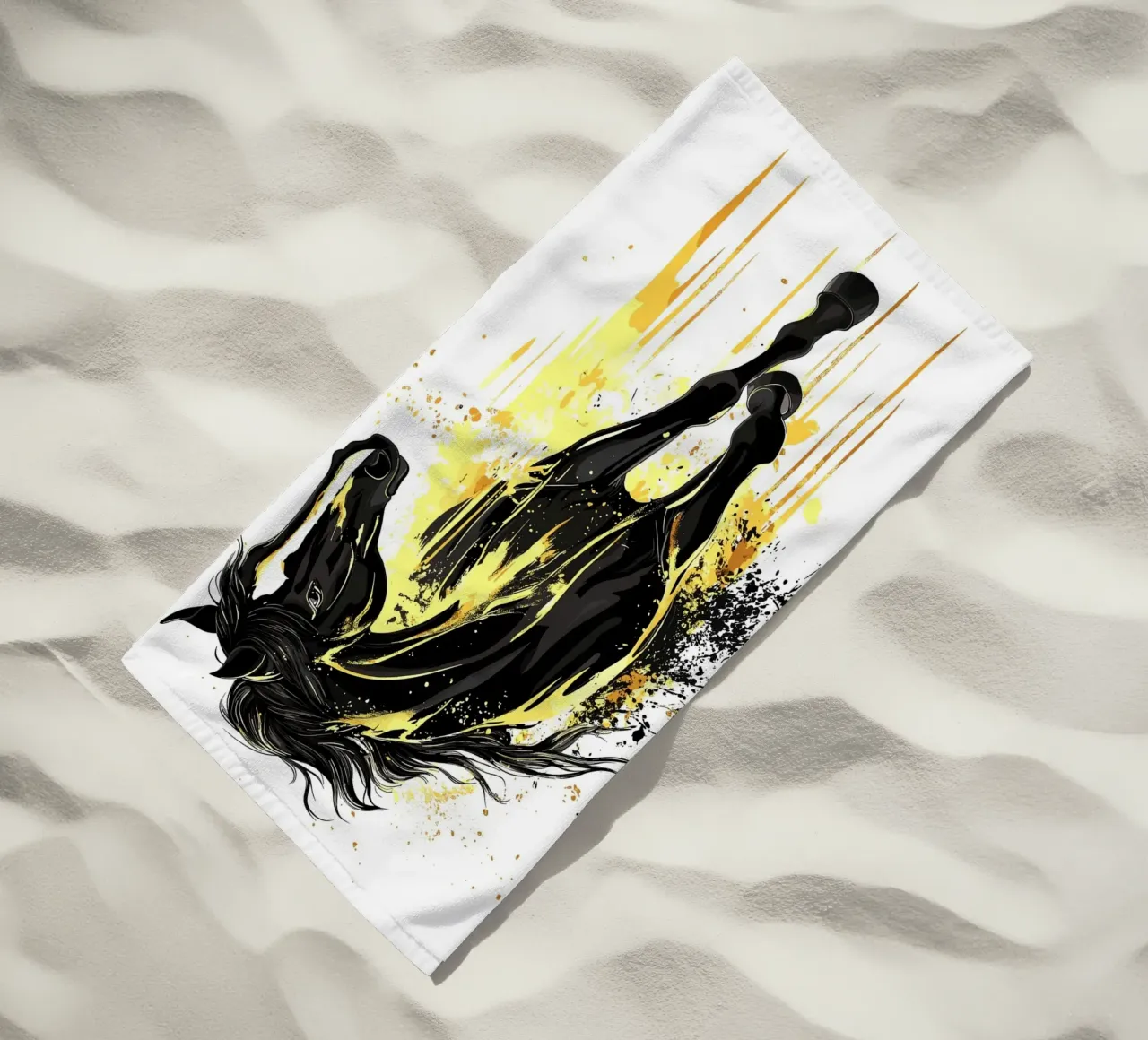 Black horse with yellow paint splashes beach towel by pixelbull - medieval art and more