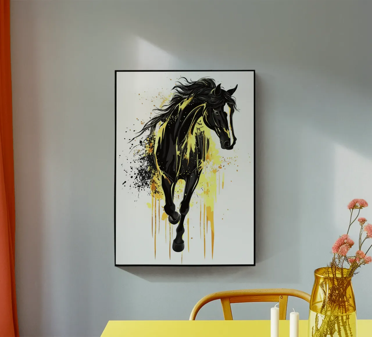 Cheval noir avec des éclaboussures de peinture jaune plexiglas de pixelbull - medieval art and more