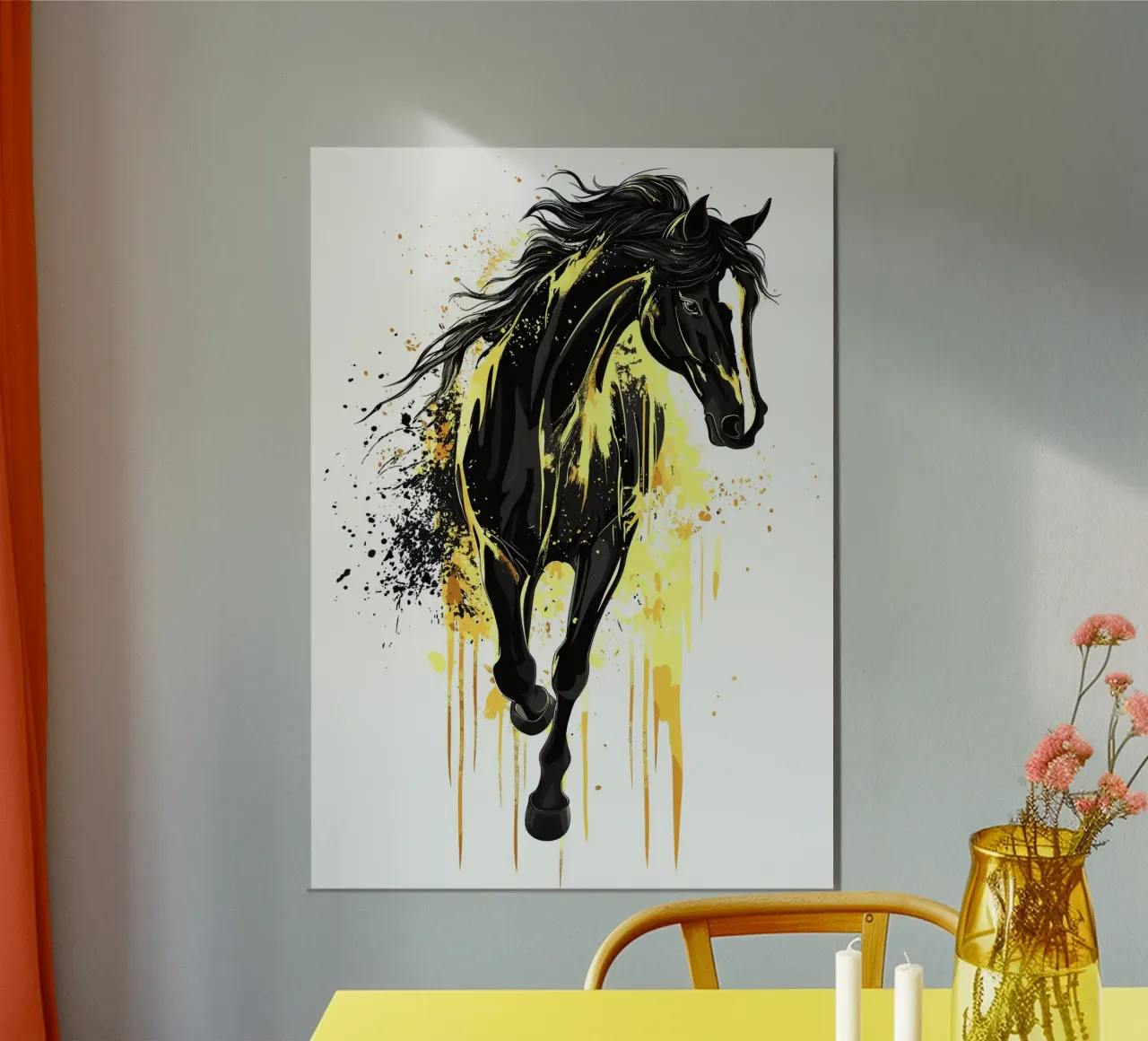 Cheval noir avec des éclaboussures de peinture jaune hahnemühle de pixelbull - medieval art and more