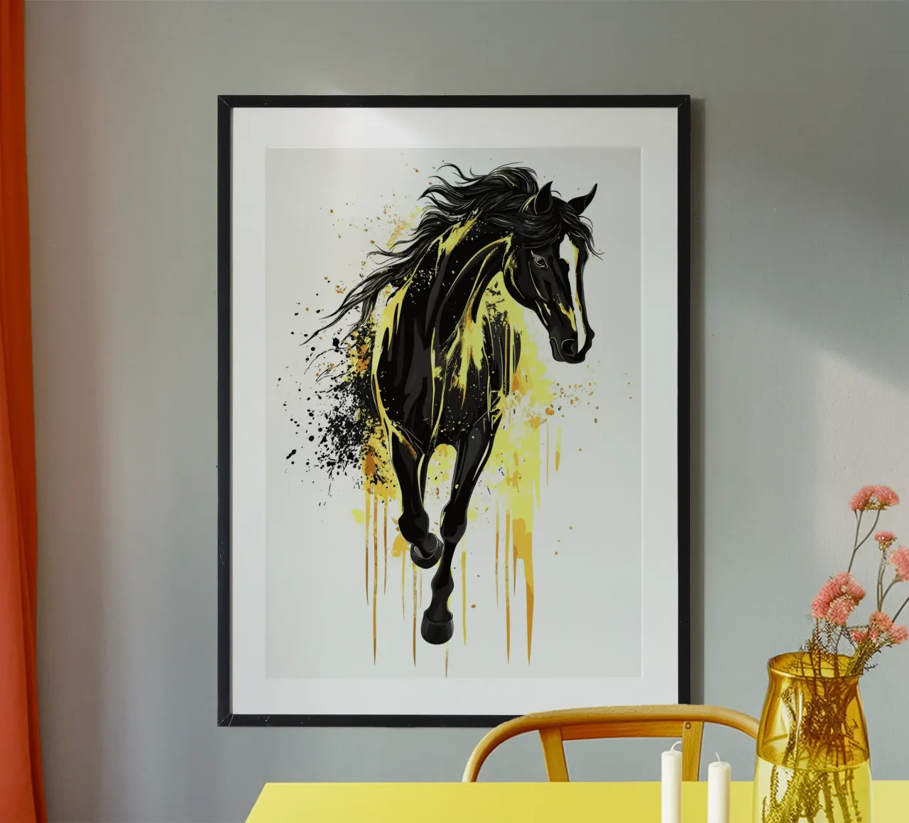 Cheval noir avec des éclaboussures de peinture jaune hahnemühle de pixelbull - medieval art and more