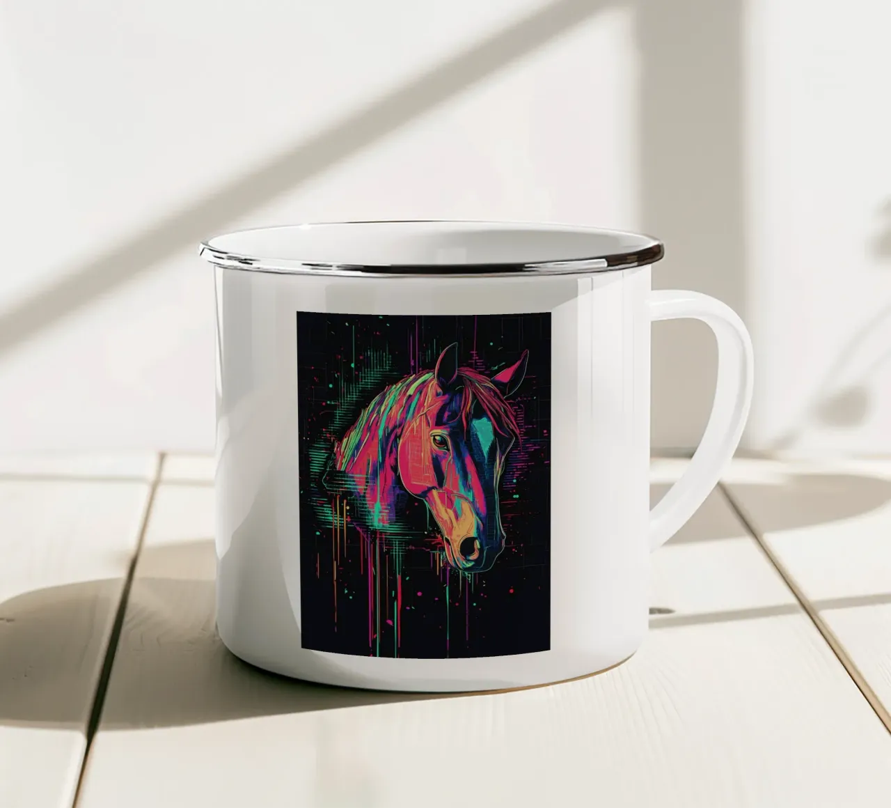 Ritratto a colori intensi di una testa di cavallo tazza in smalto da pixelbull - medieval art and more