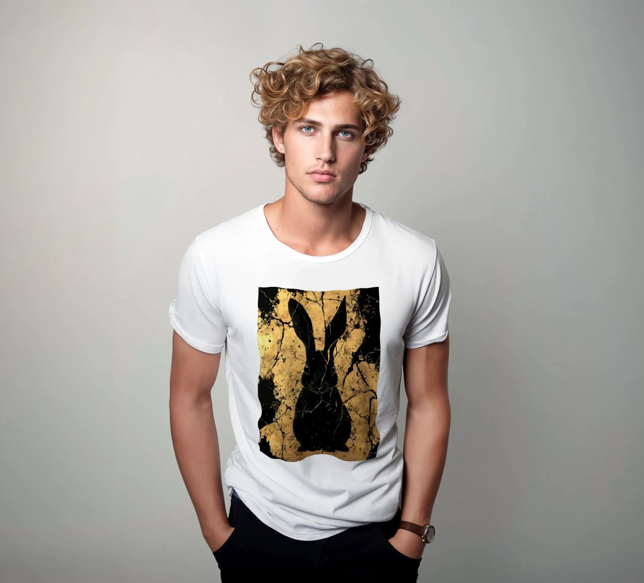 Lapin noir devant une structure dorée t-shirt de pixelbull - medieval art and more