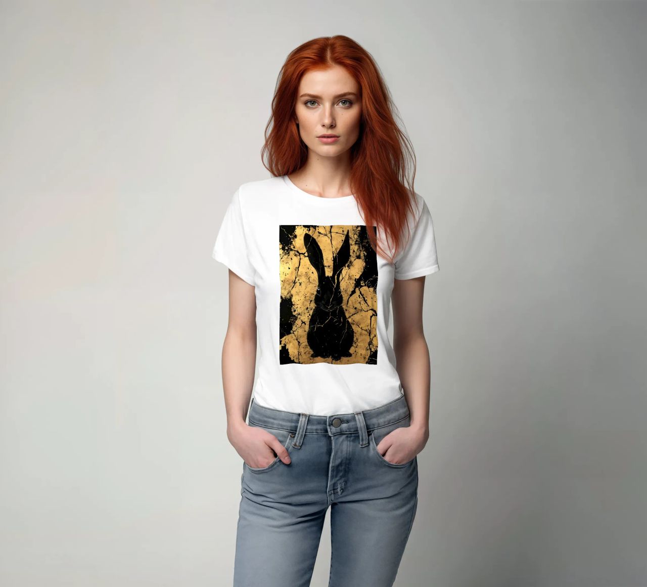 Lapin noir devant une structure dorée t-shirt de pixelbull - medieval art and more