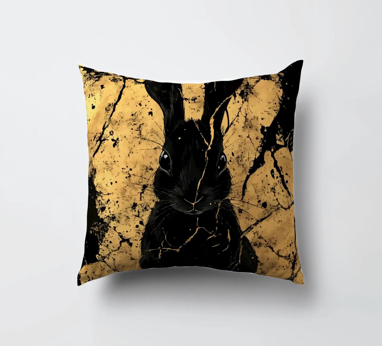Lapin noir devant une structure dorée coussin de pixelbull - medieval art and more