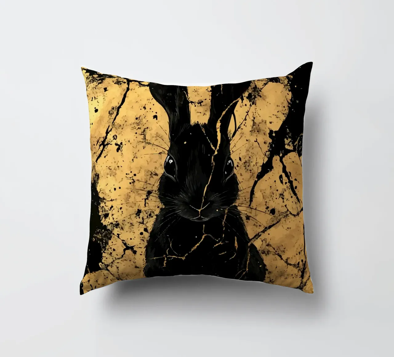 Black rabbit in front of a golden structure decorative cushion by pixelbull - medieval art and more