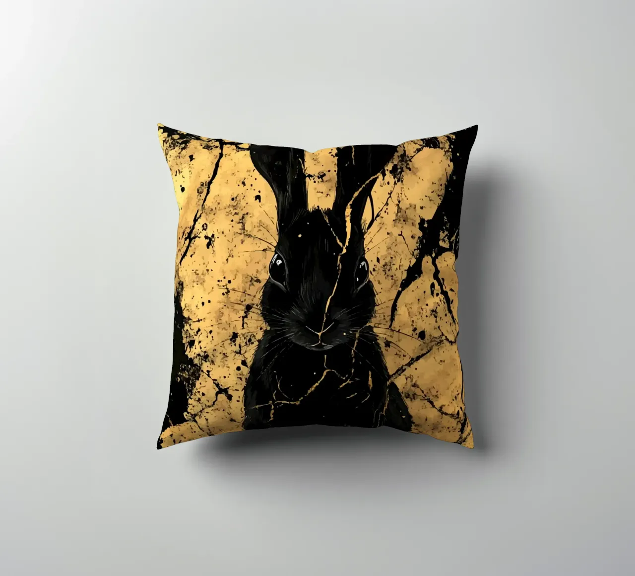 Black rabbit in front of a golden structure decorative cushion by pixelbull - medieval art and more