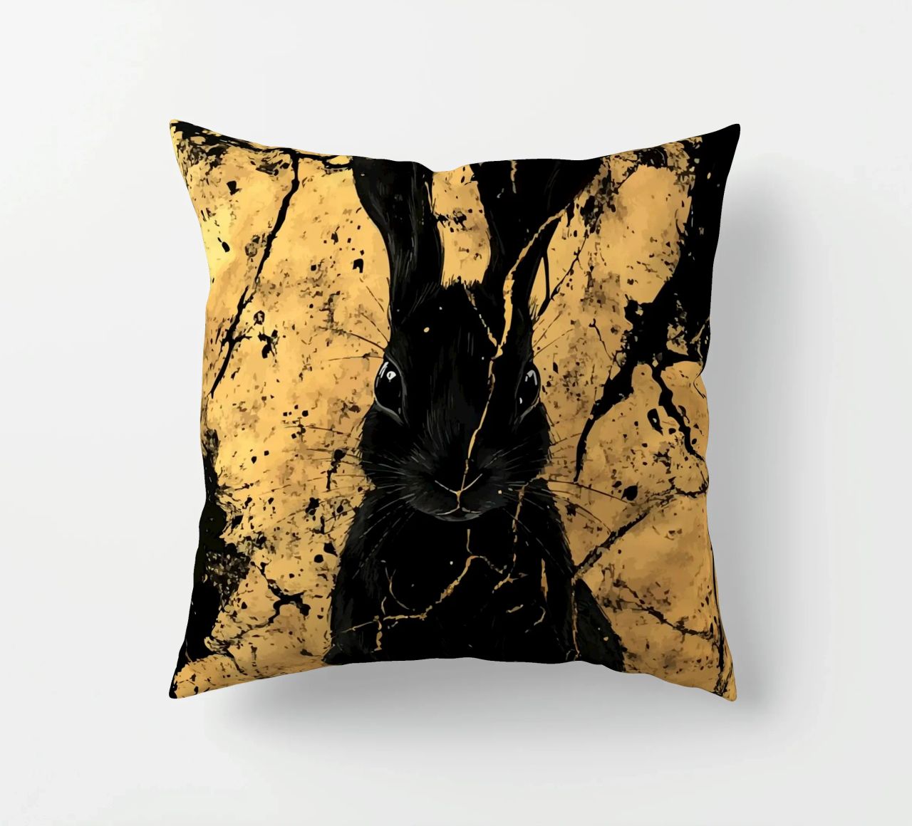 Lapin noir devant une structure dorée coussin de pixelbull - medieval art and more