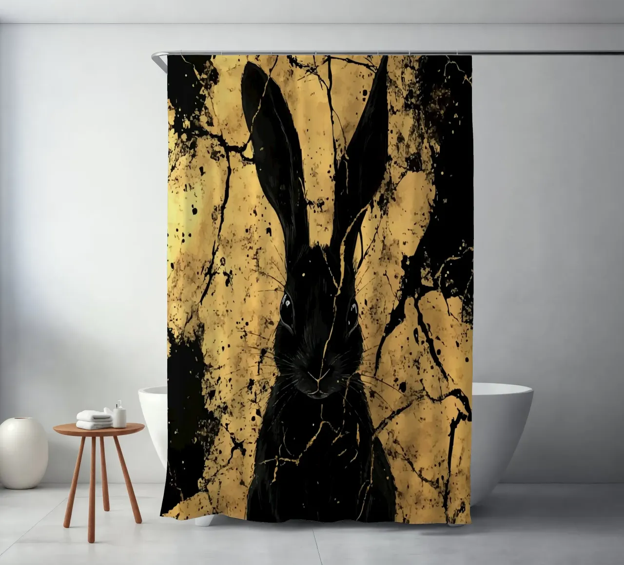 Black rabbit in front of a golden structure shower curtain by pixelbull - medieval art and more