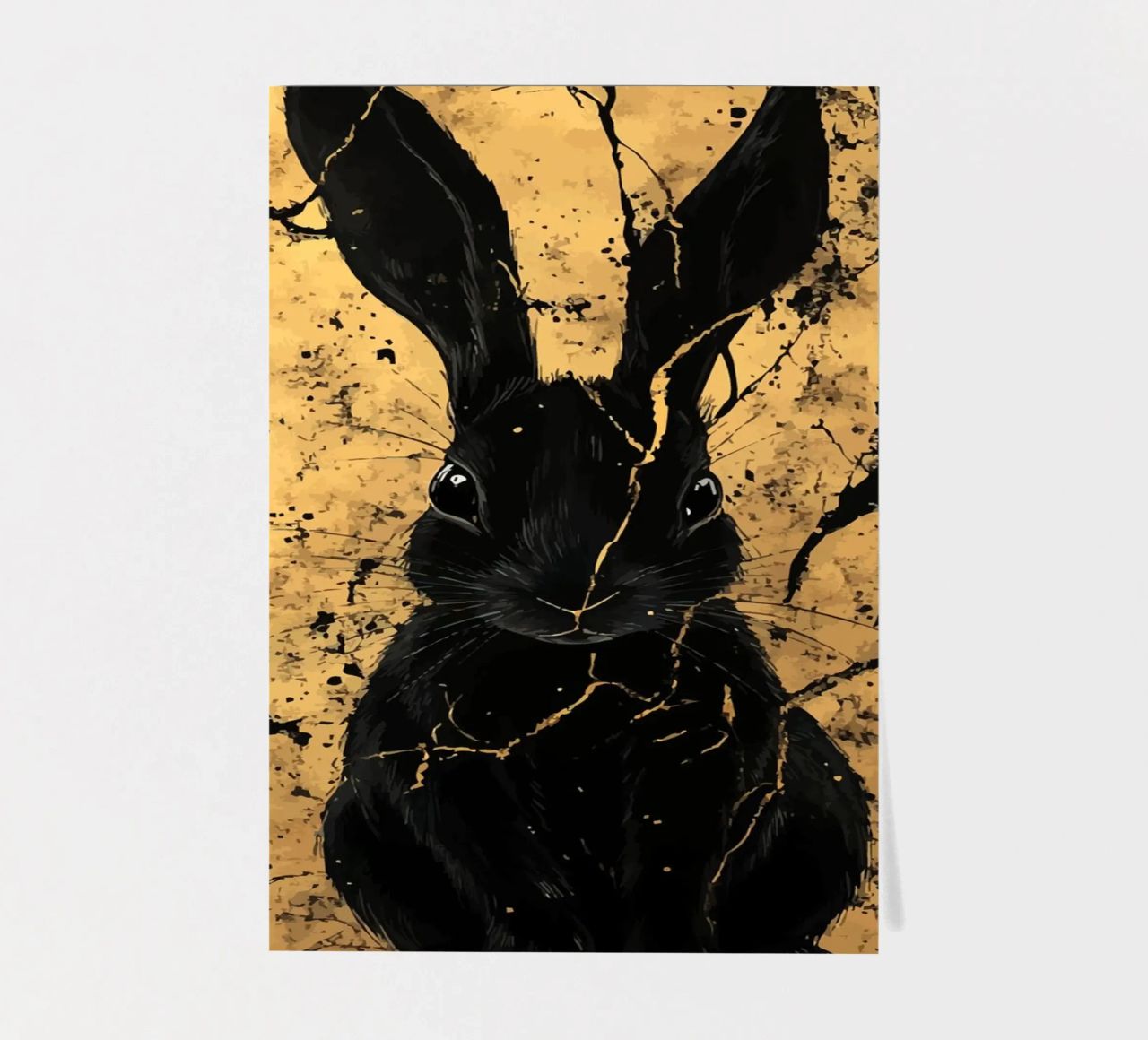 Lapin noir devant une structure dorée planche autocollant de pixelbull - medieval art and more