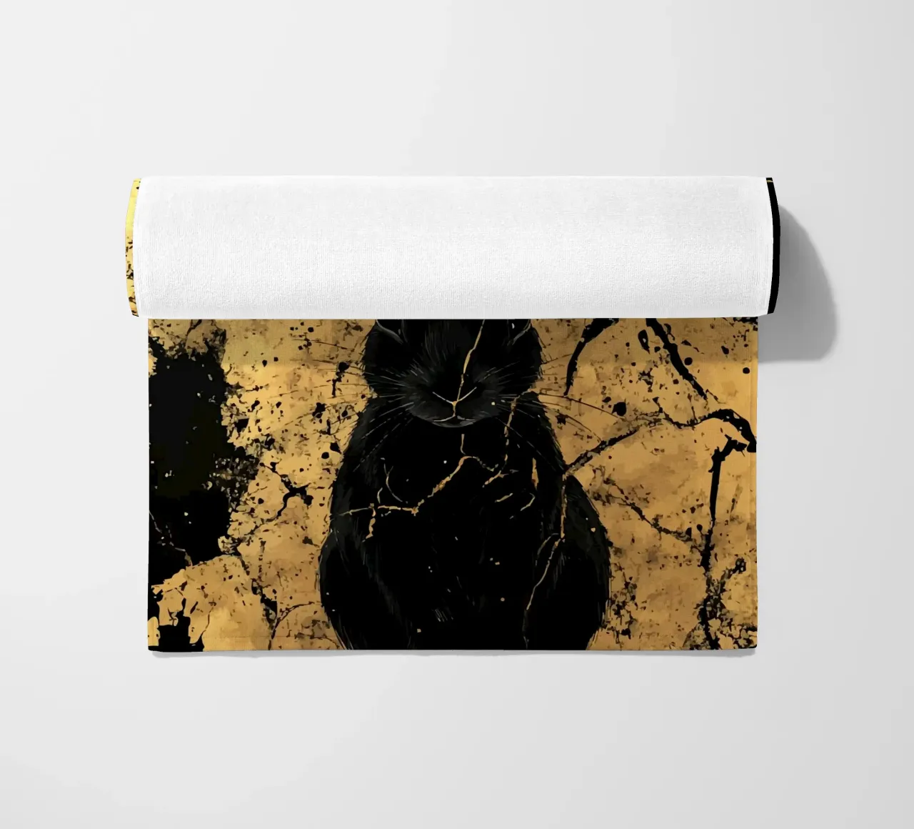 Black rabbit in front of a golden structure beach towel by pixelbull - medieval art and more