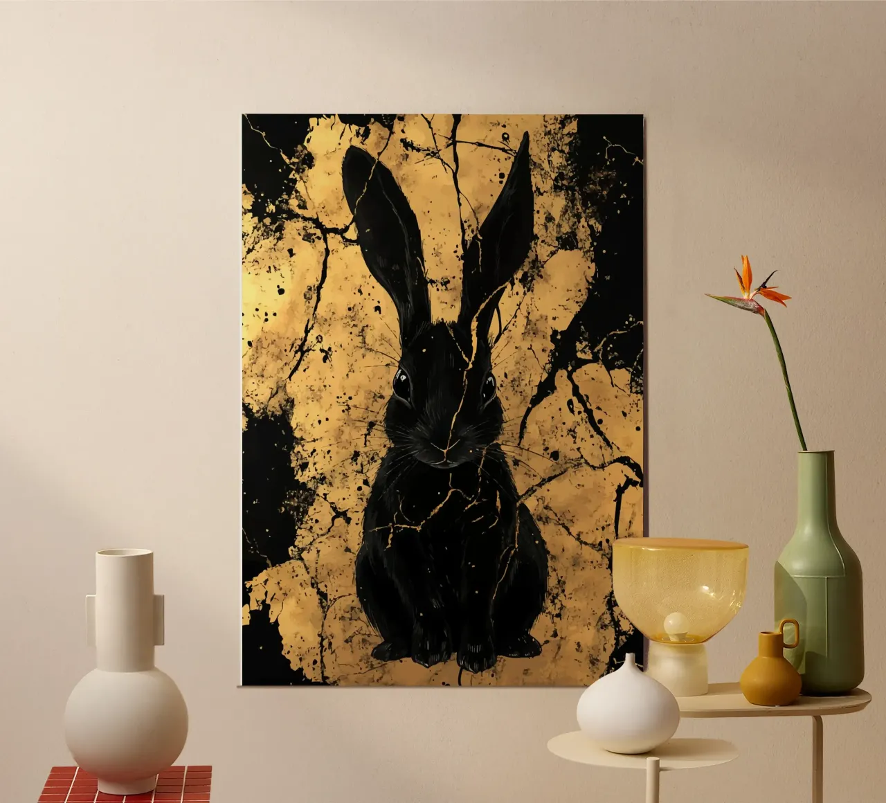 Black rabbit in front of a golden structure alu-dibond by pixelbull - medieval art and more