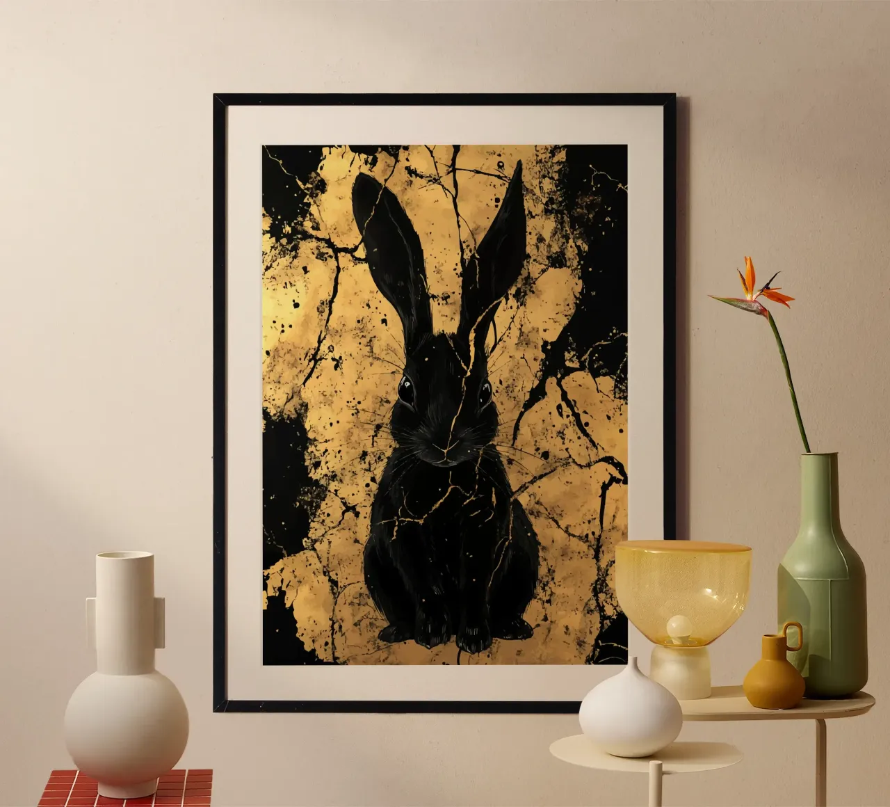 Lapin noir devant une structure dorée poster avec cadre en aluminium de pixelbull - medieval art and more