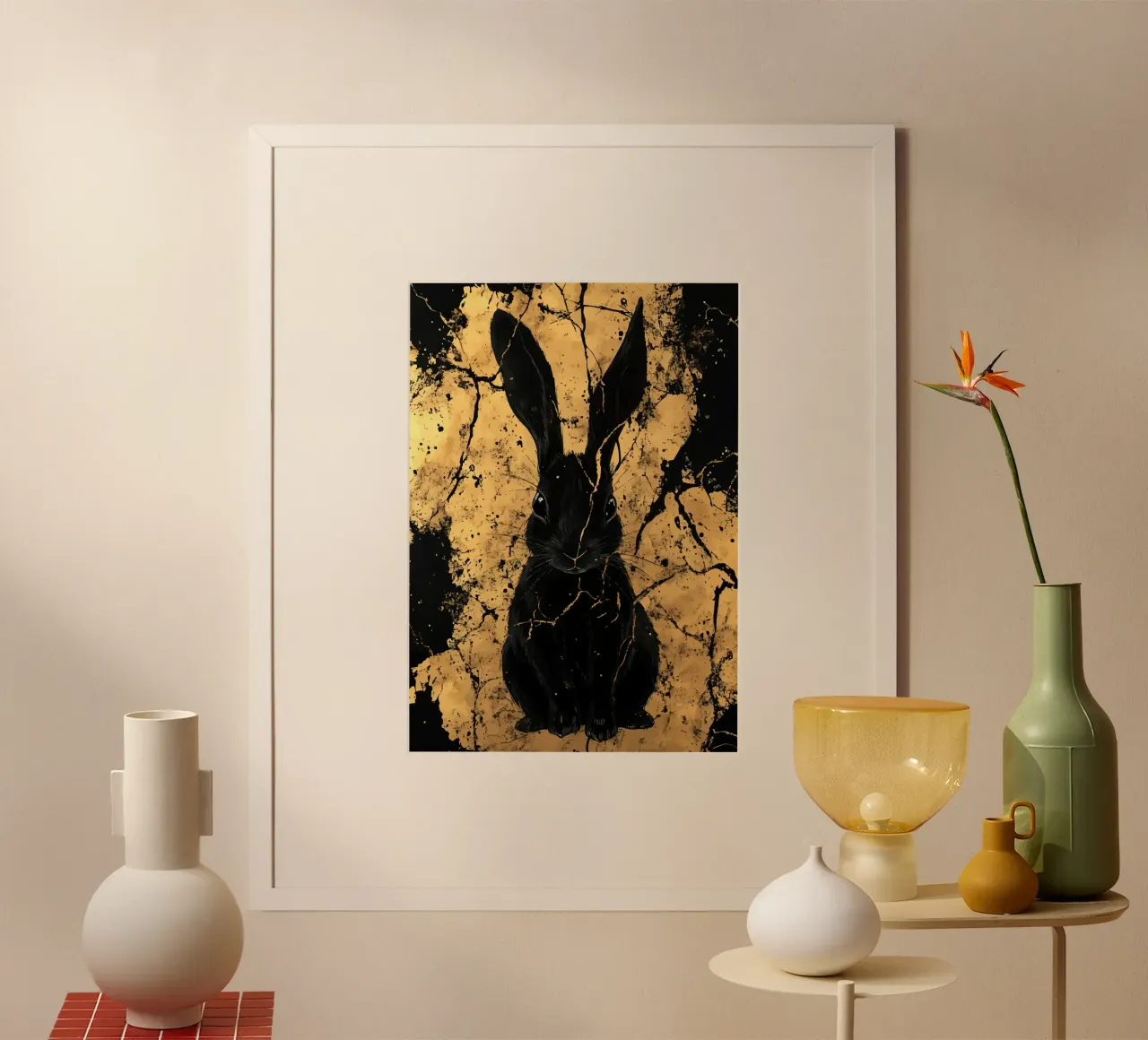 Lapin noir devant une structure dorée poster avec cadre en aluminium de pixelbull - medieval art and more