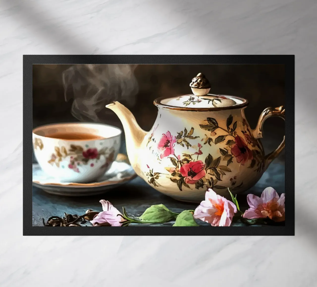 Teiera con motivo floreale e tazza da tè zerbino da pixelbull - medieval art and more