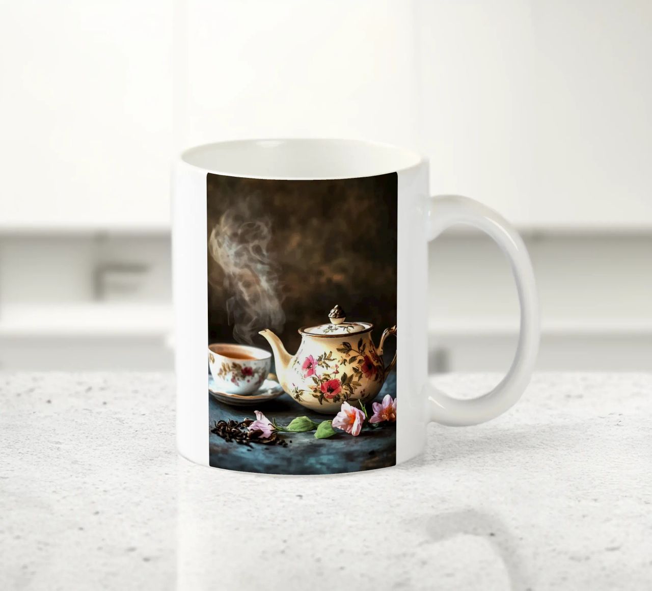 Teapot with flower motif and teacup ceramic mug by pixelbull - medieval art and more