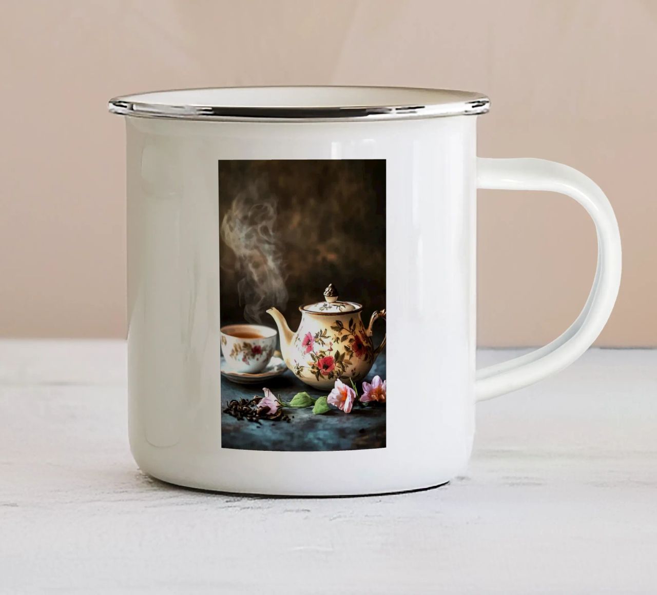 Théière avec motif de fleurs et tasse à thé mug en émail de pixelbull - medieval art and more