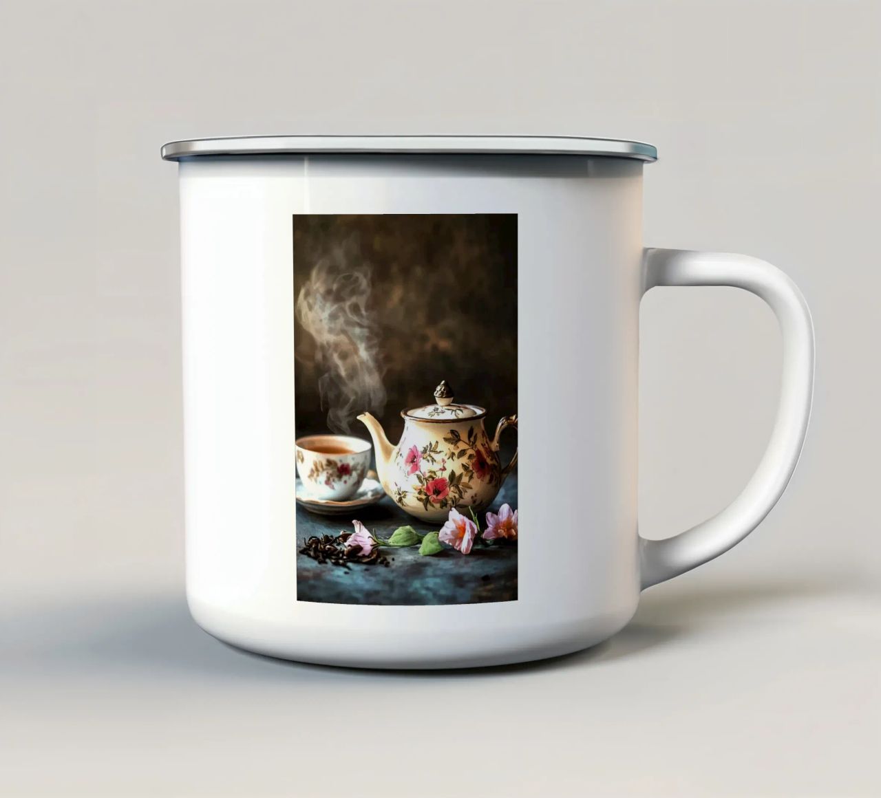 Théière avec motif de fleurs et tasse à thé mug en émail de pixelbull - medieval art and more