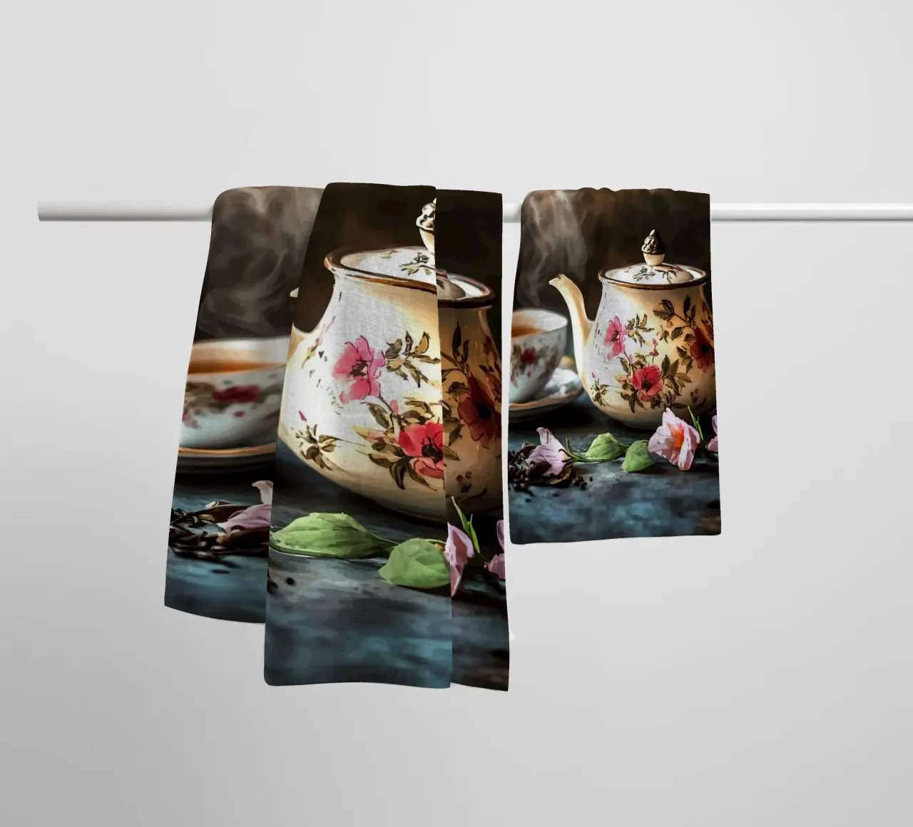 Teiera con motivo floreale e tazza da tè asciugamano da bagno da pixelbull - medieval art and more