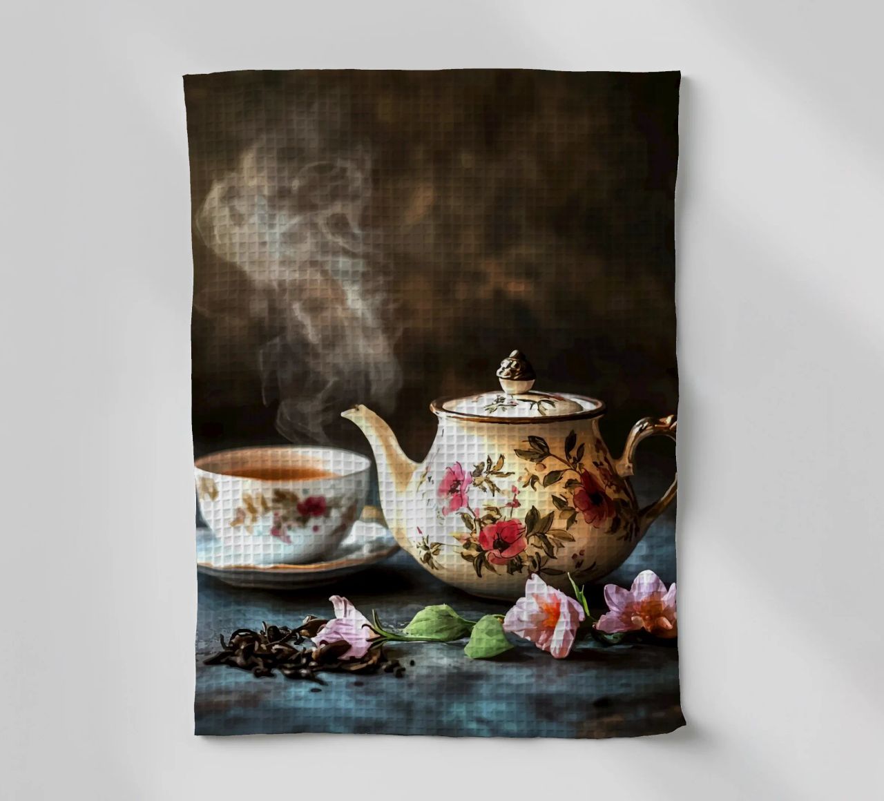 Théière avec motif de fleurs et tasse à thé torchon de pixelbull - medieval art and more