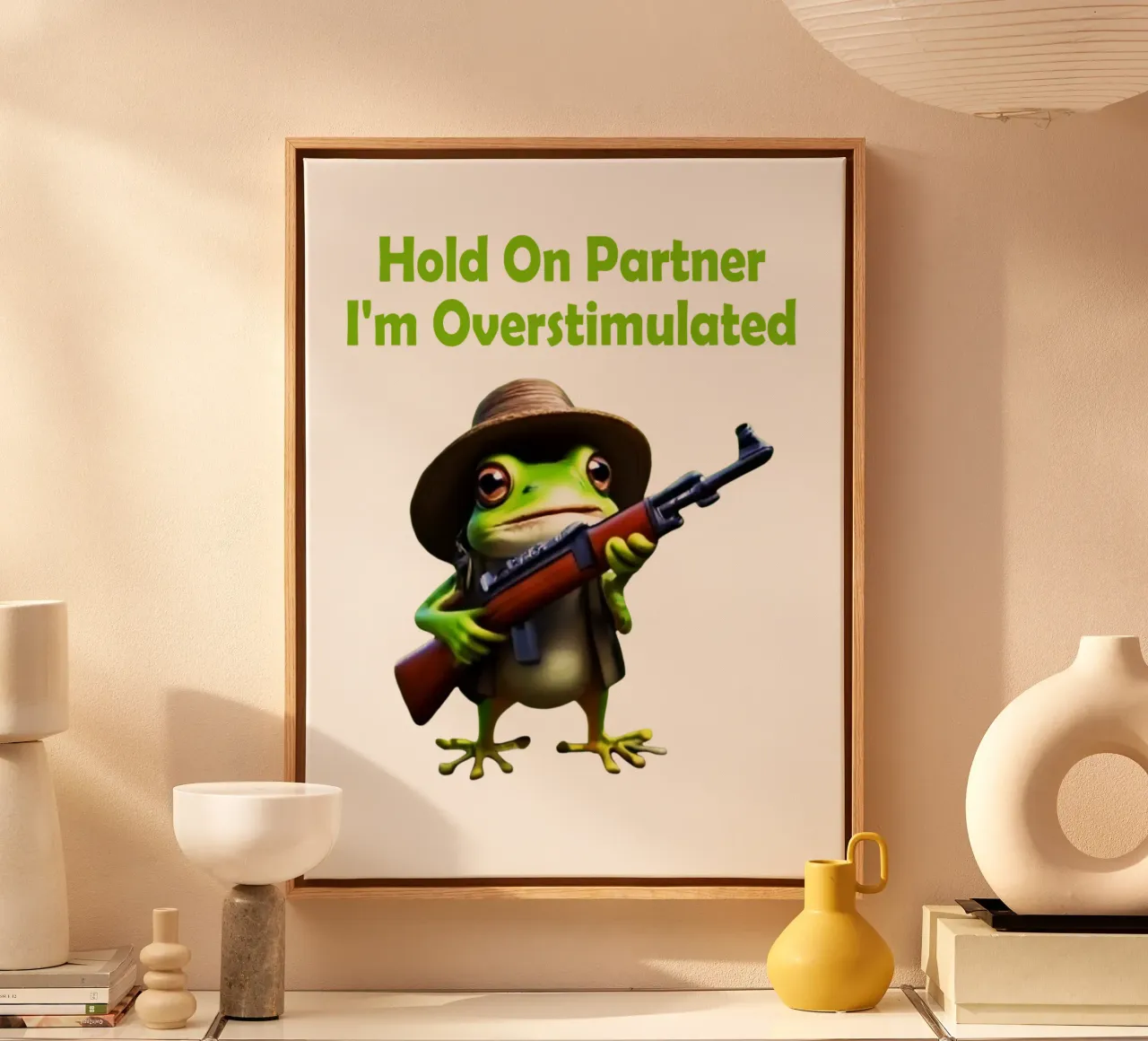 Hold On Partner Ik ben overprikkeld Kikker meme canvas met Baklijst van rangginangs