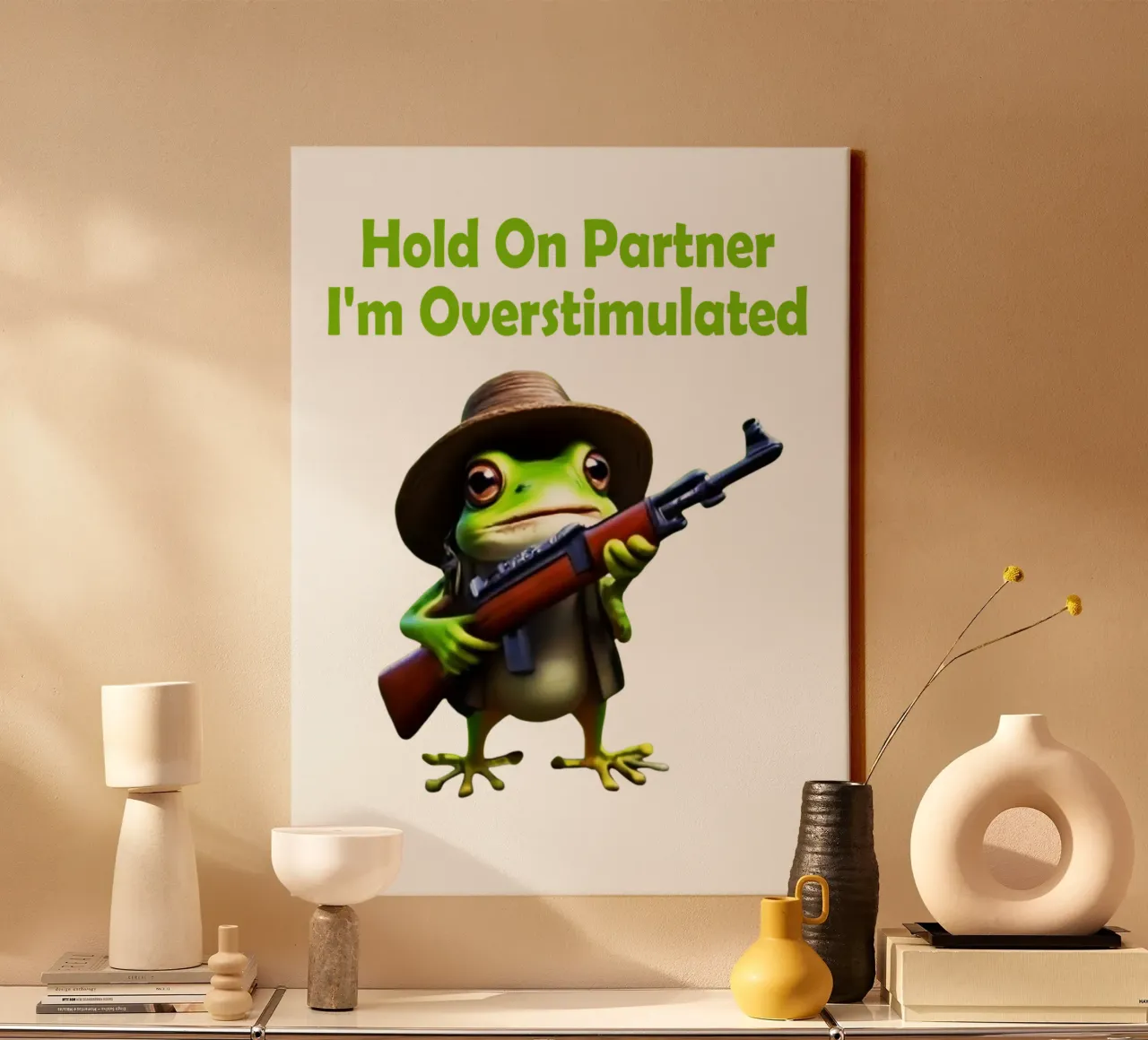 Hold On Partner Ik ben overprikkeld Kikker meme canvas met Baklijst van rangginangs