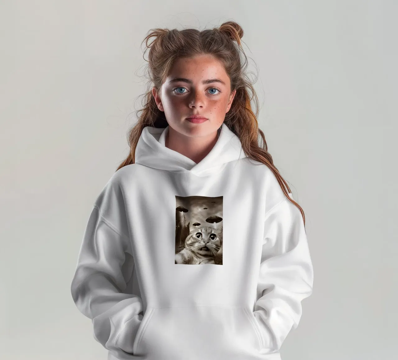 Divertente UFO Cat Selfie Alien & Cat Lover felpa bambino con cappuccio da rangginangs