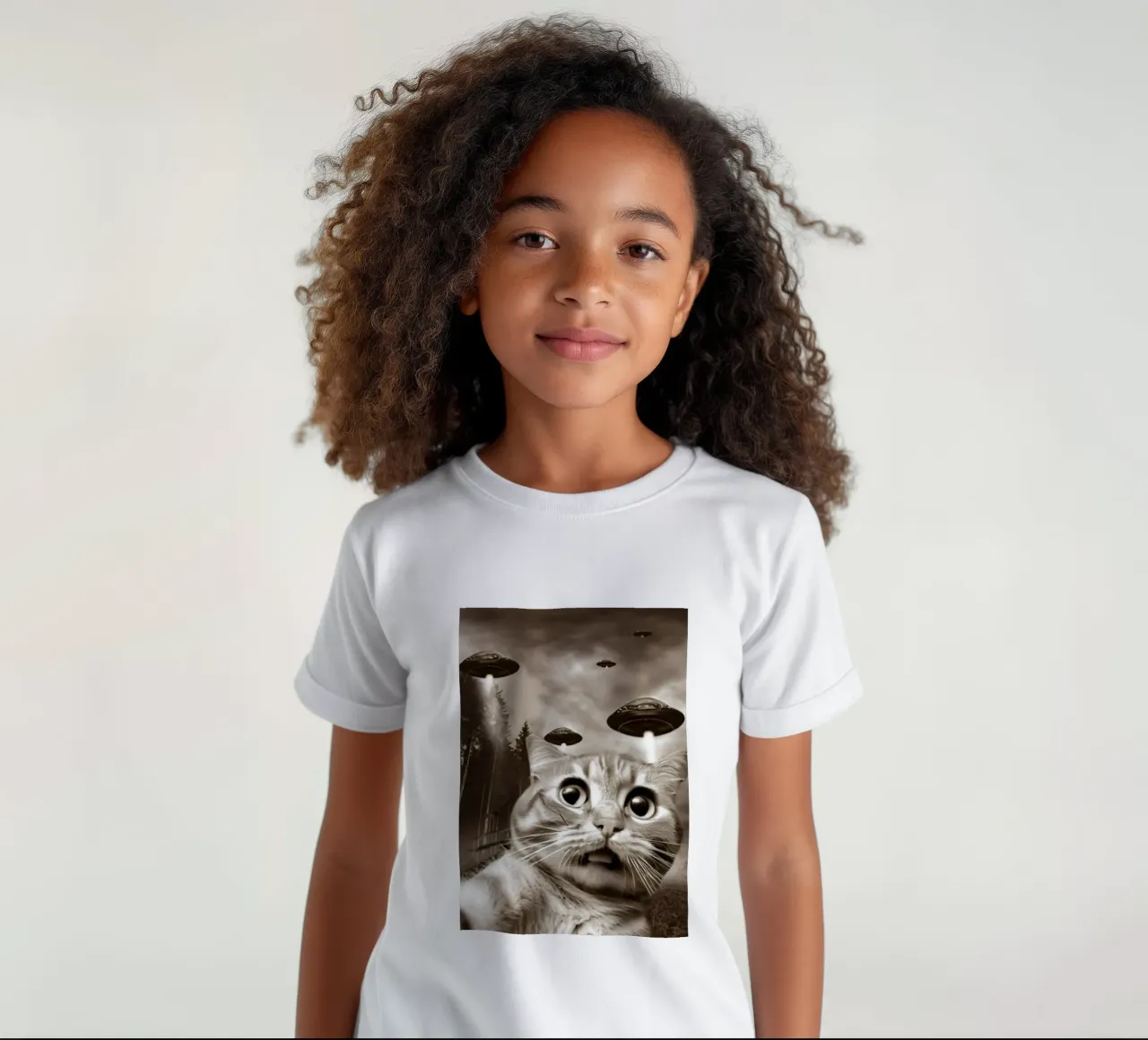 Grappige UFO Kat Selfie Vreemdeling & Kattenliefhebber kinder t-shirt van rangginangs
