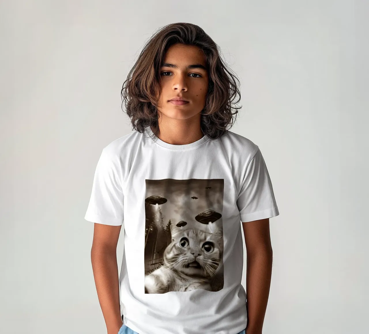 Grappige UFO Kat Selfie Vreemdeling & Kattenliefhebber kinder t-shirt van rangginangs
