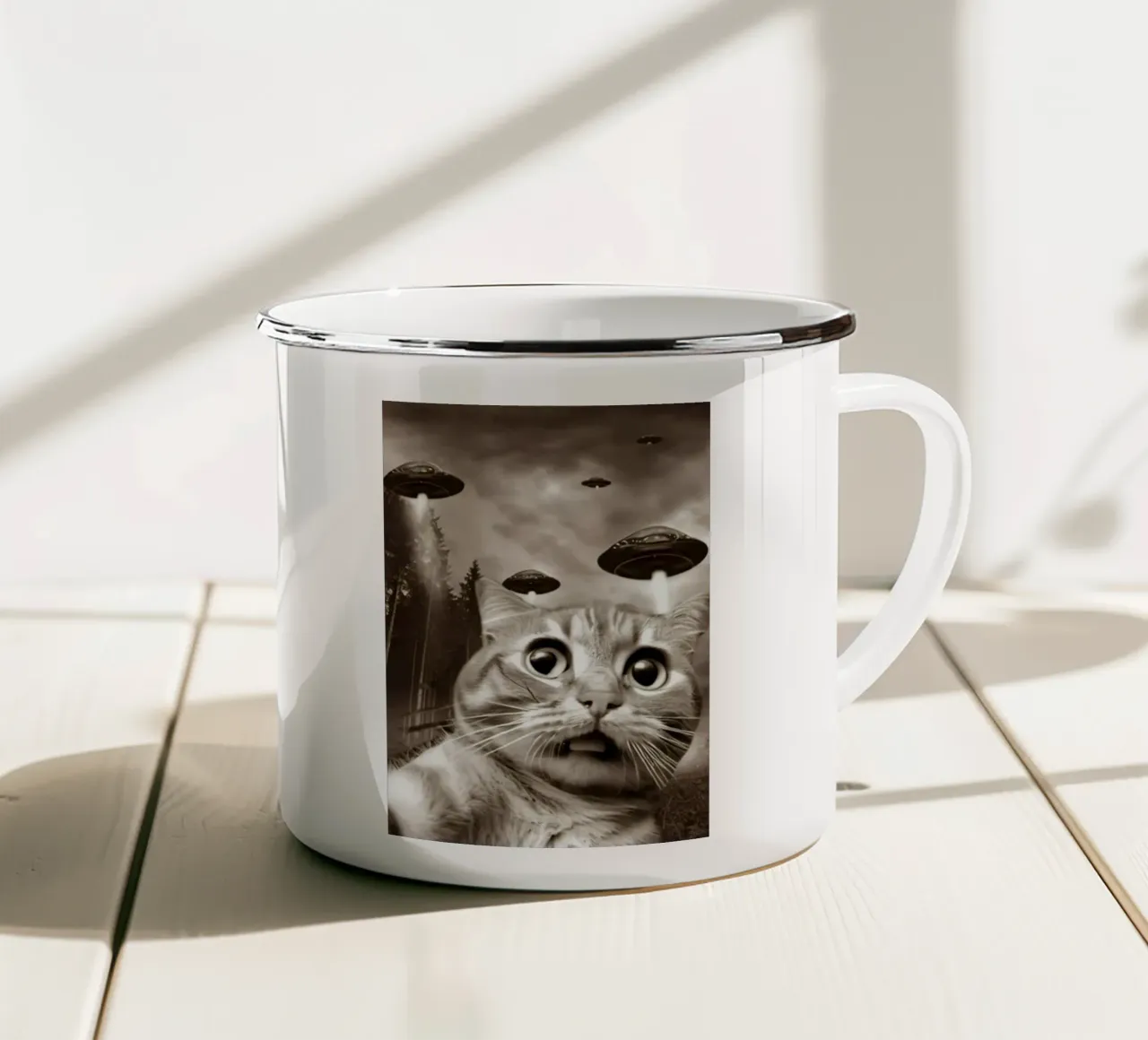 Divertente UFO Cat Selfie Alien & Cat Lover tazza in smalto da rangginangs