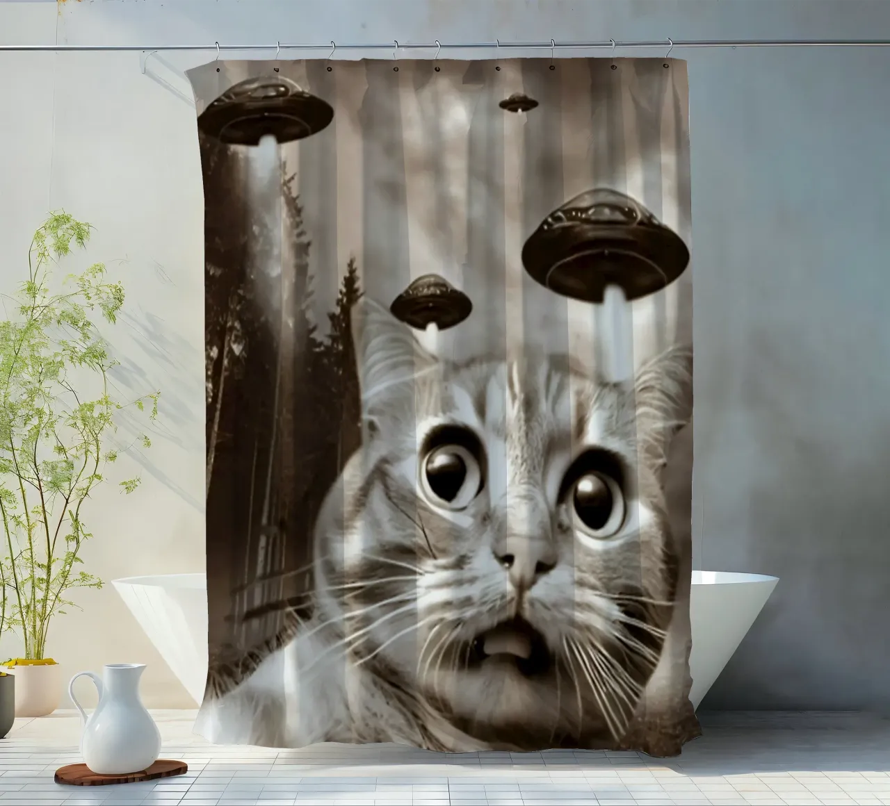 Divertente UFO Cat Selfie Alien & Cat Lover tenda da doccia da rangginangs