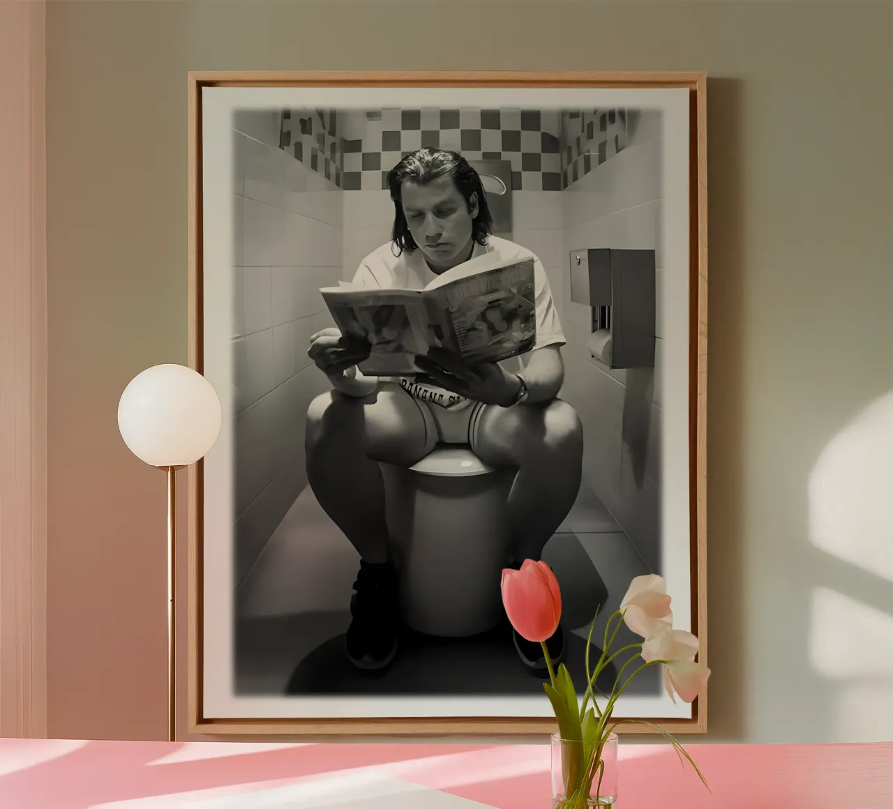 Wc-scène John Travolta in 1994 Zwart-wit kunst canvas met Baklijst van rangginangs