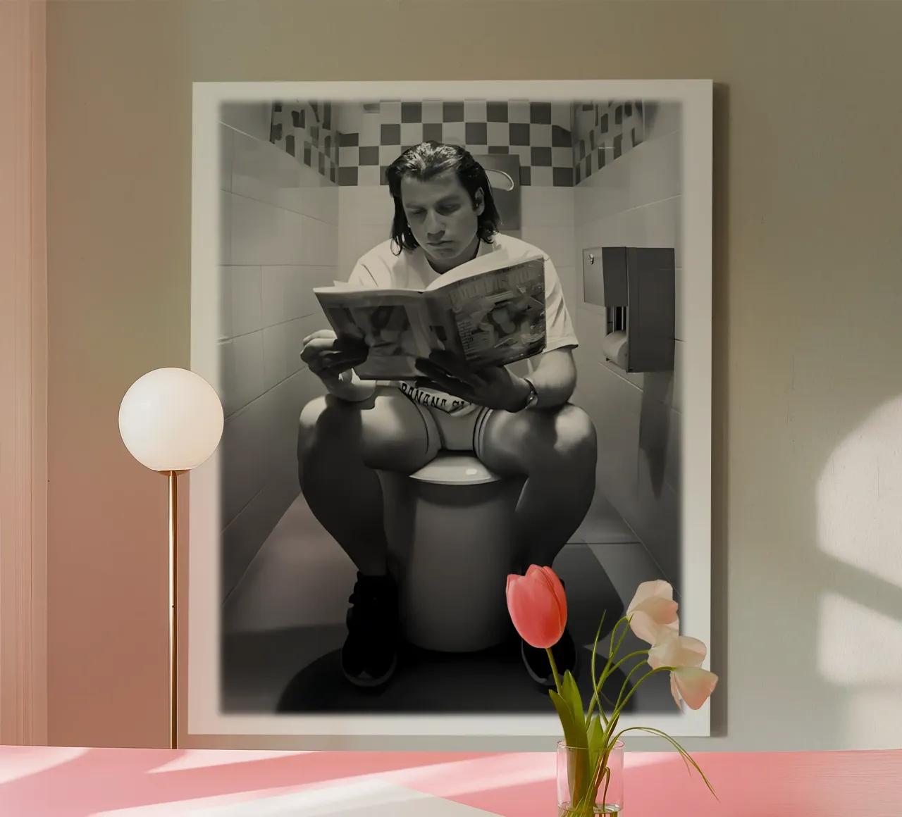 Wc-scène John Travolta in 1994 Zwart-wit kunst canvas met Baklijst van rangginangs