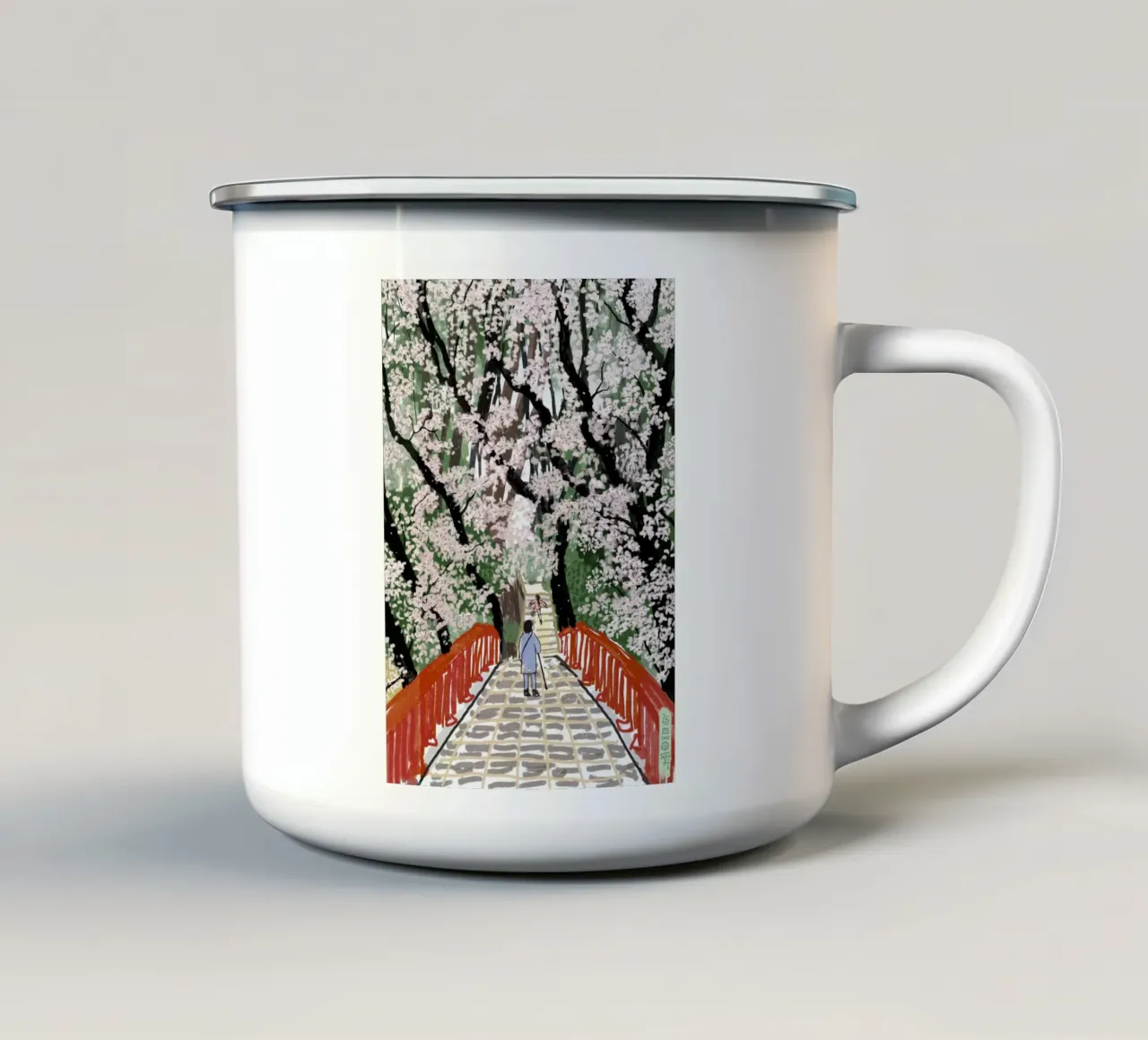 Ponte dei ciliegi in fiore tazza in smalto da Asobōze