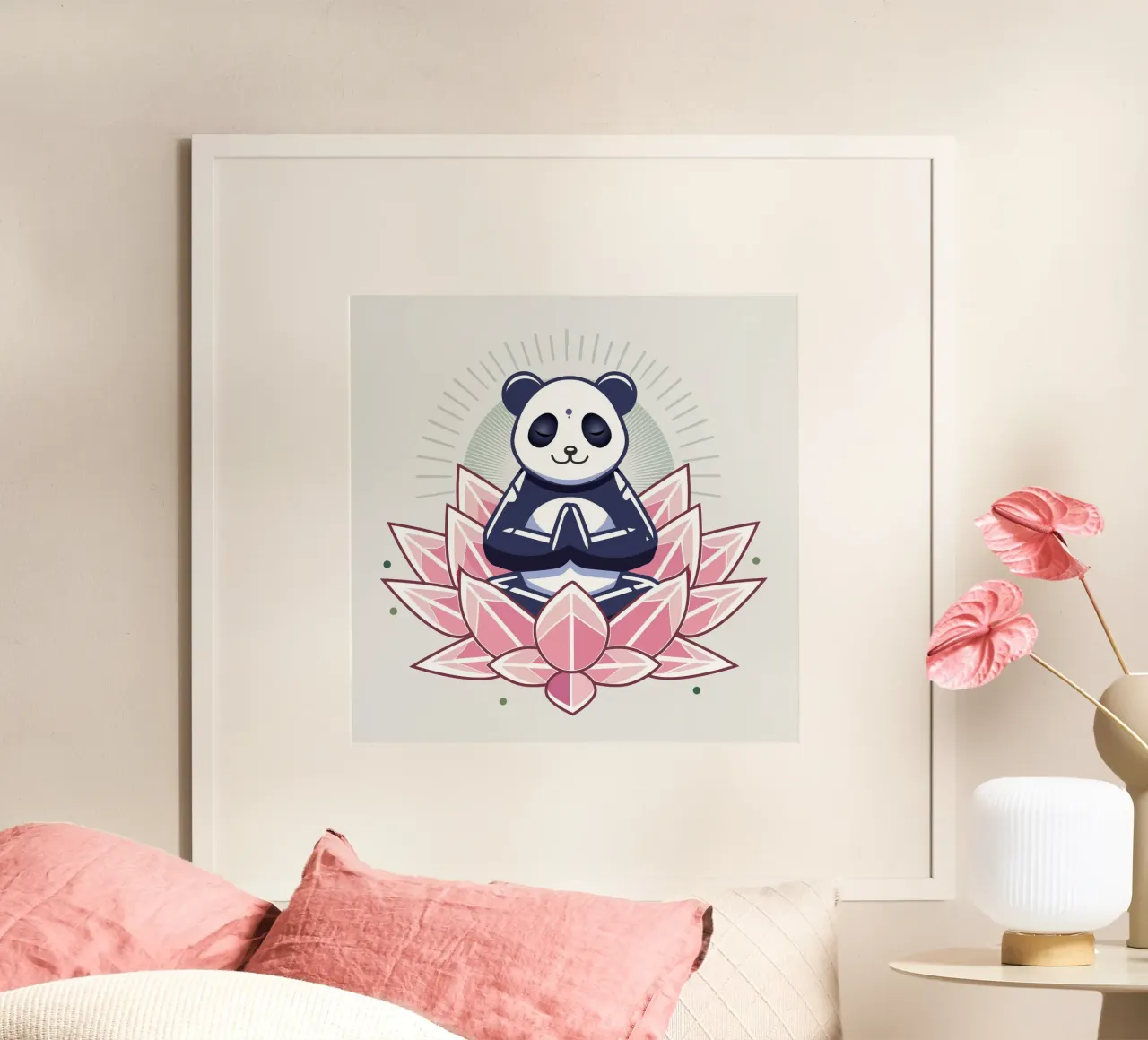 Panda in meditazione su un fiore di loto poster con telaio in legno da namosh