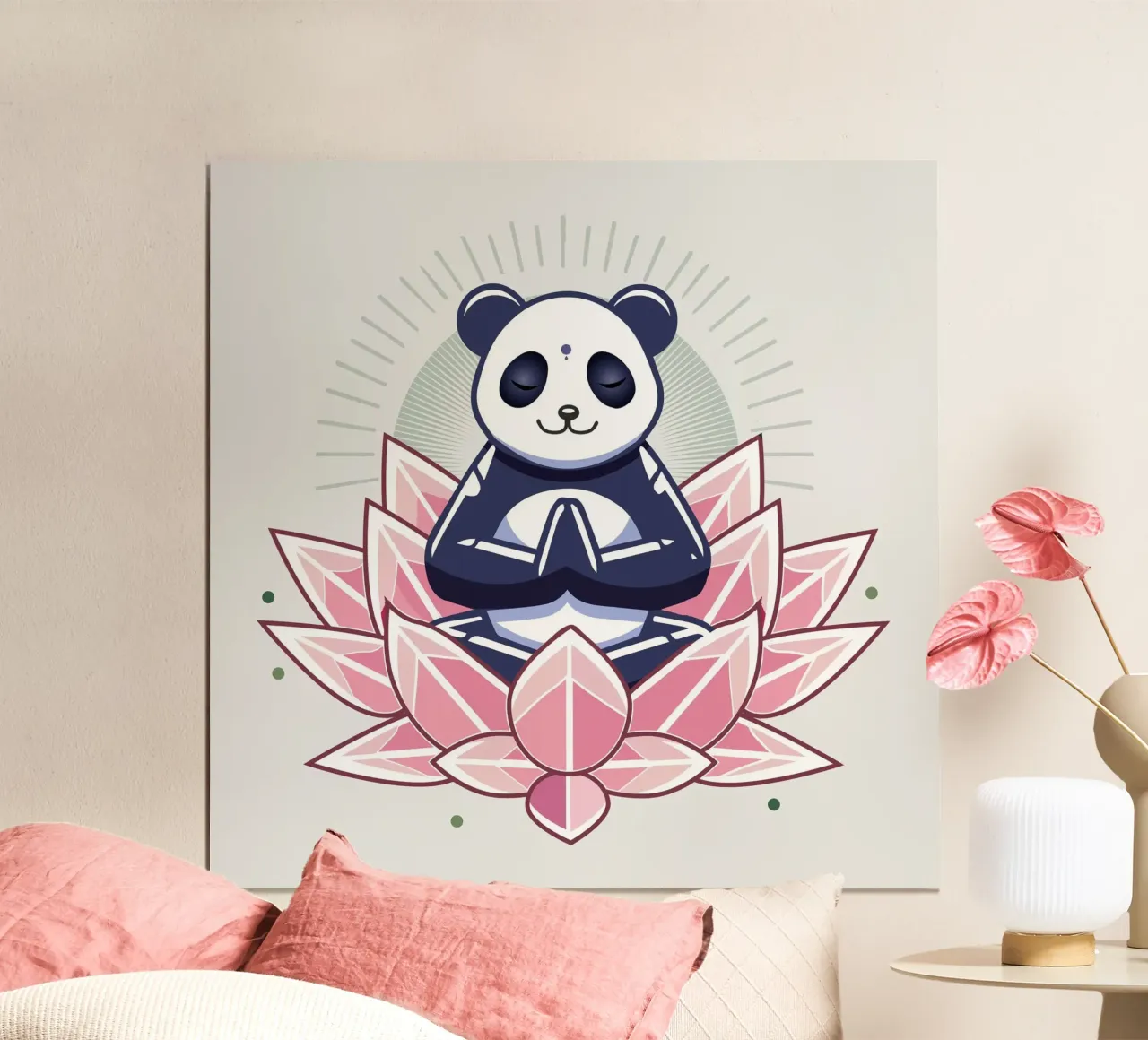 Panda in meditazione su un fiore di loto poster con telaio in legno da namosh