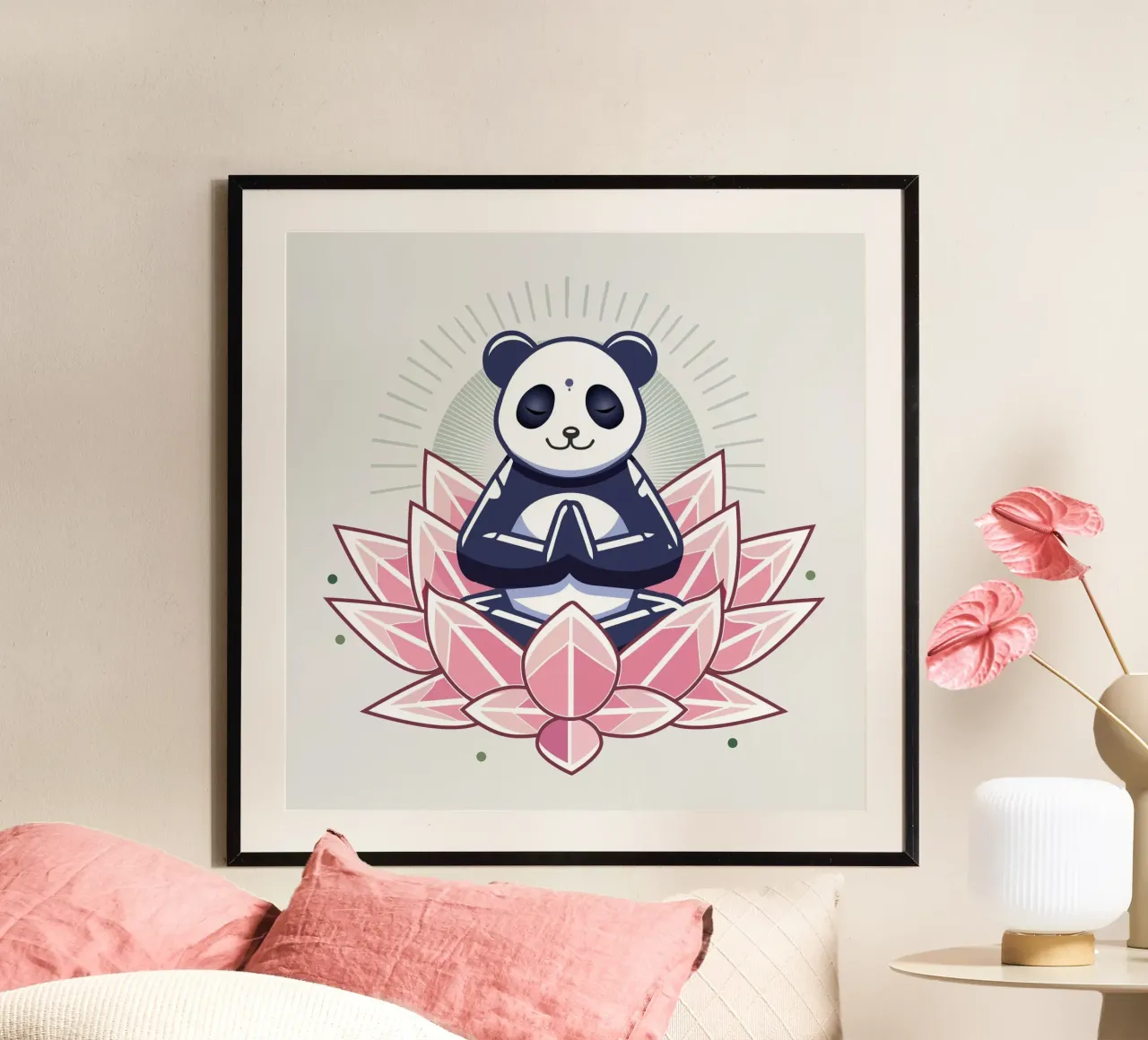 Panda in meditazione su un fiore di loto poster con telaio in legno da namosh