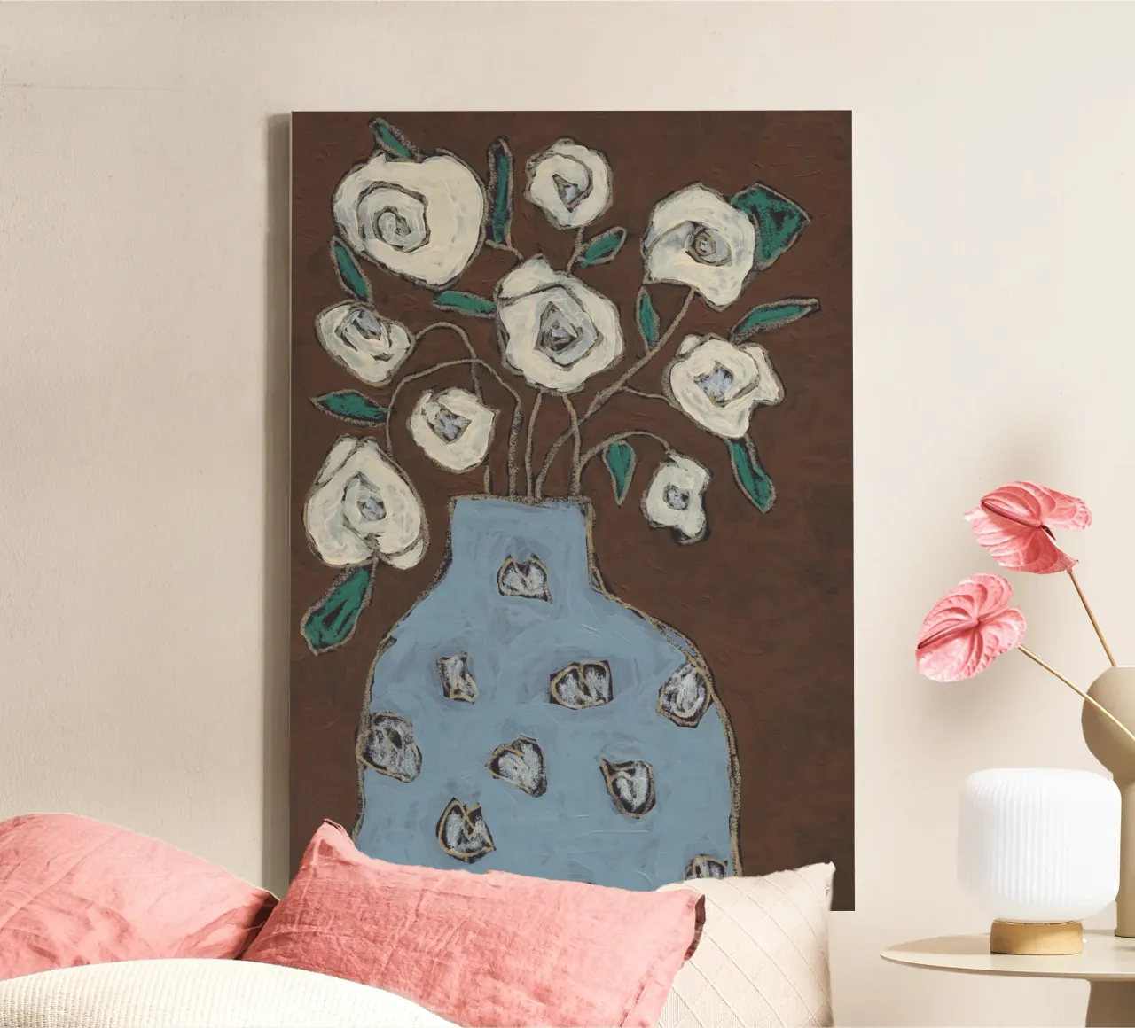 Vaso blu, rose bianche tela con Cornice a cassetta da Alisa Galitsyna