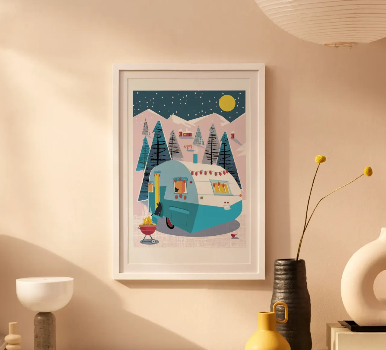Winter Cats And Caravan poster con telaio in legno da Rocket68