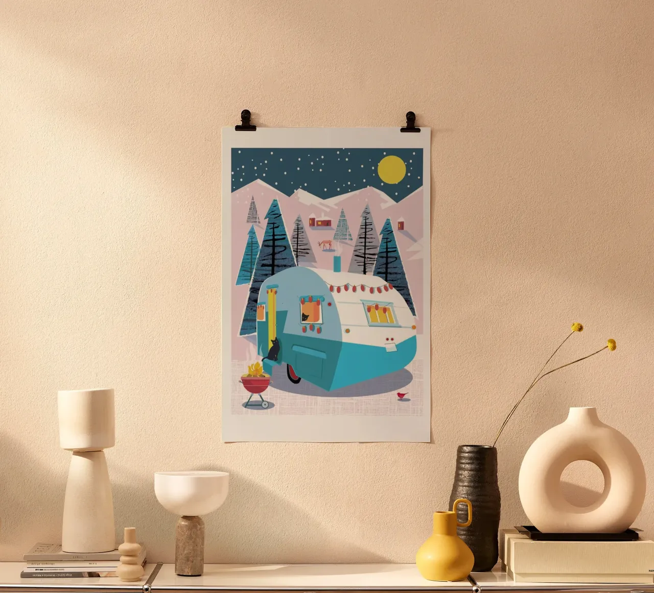 Winter Cats And Caravan poster con telaio in legno da Rocket68