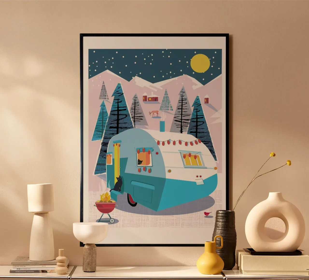 Winter Cats And Caravan poster con telaio in legno da Rocket68