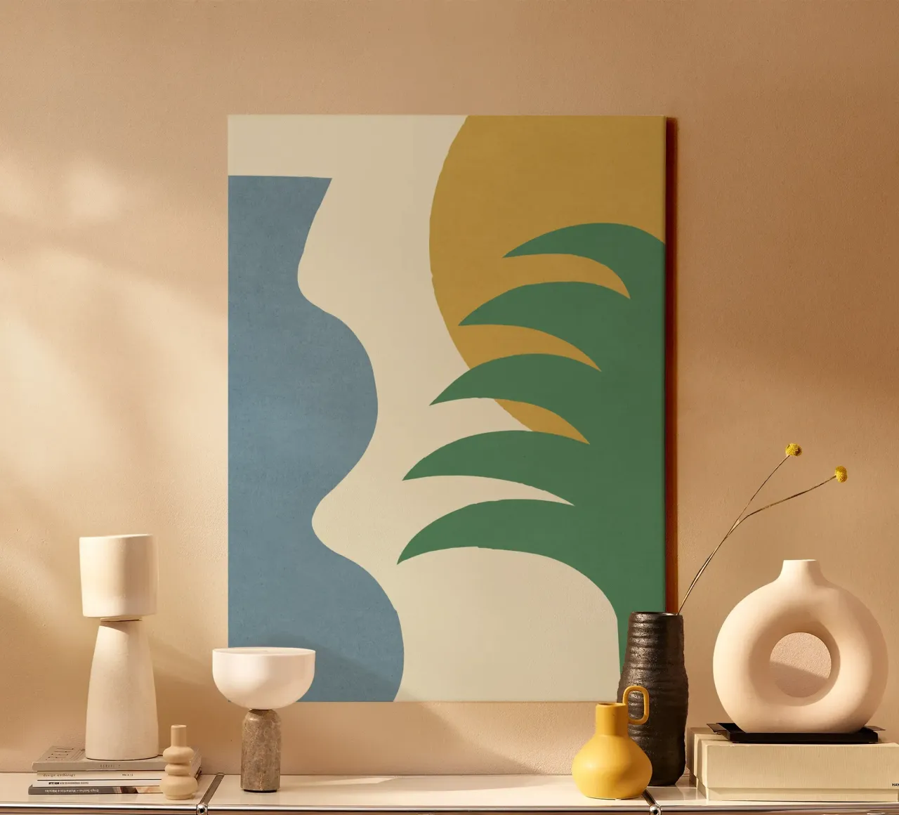 Mediterraan Abstract - Groen Goud Blauw canvas met Baklijst van MoonlightPrint