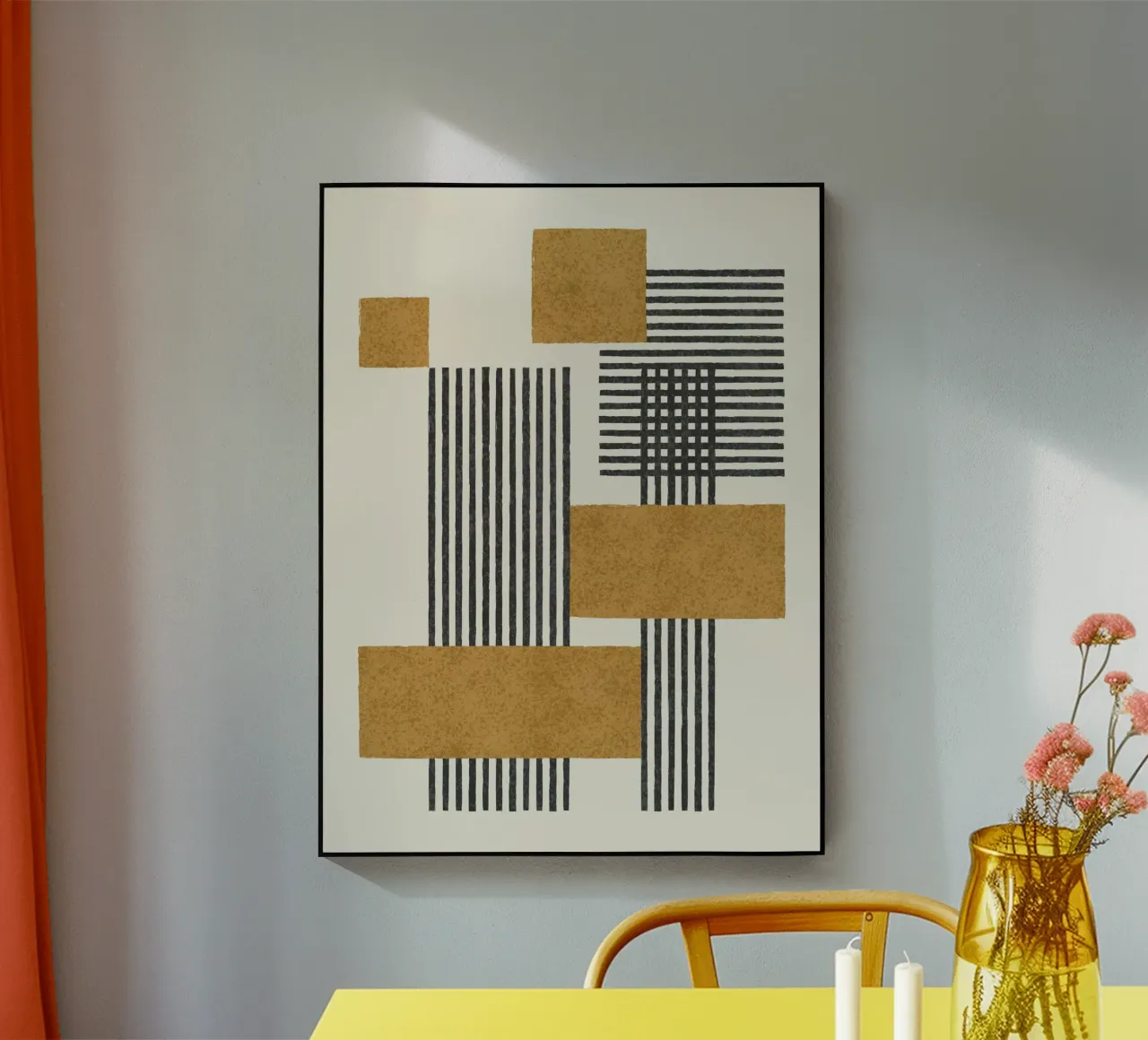 Streifen und Quadratische Komposition - Abstraktes Gold Acryl-Glas von MoonlightPrint