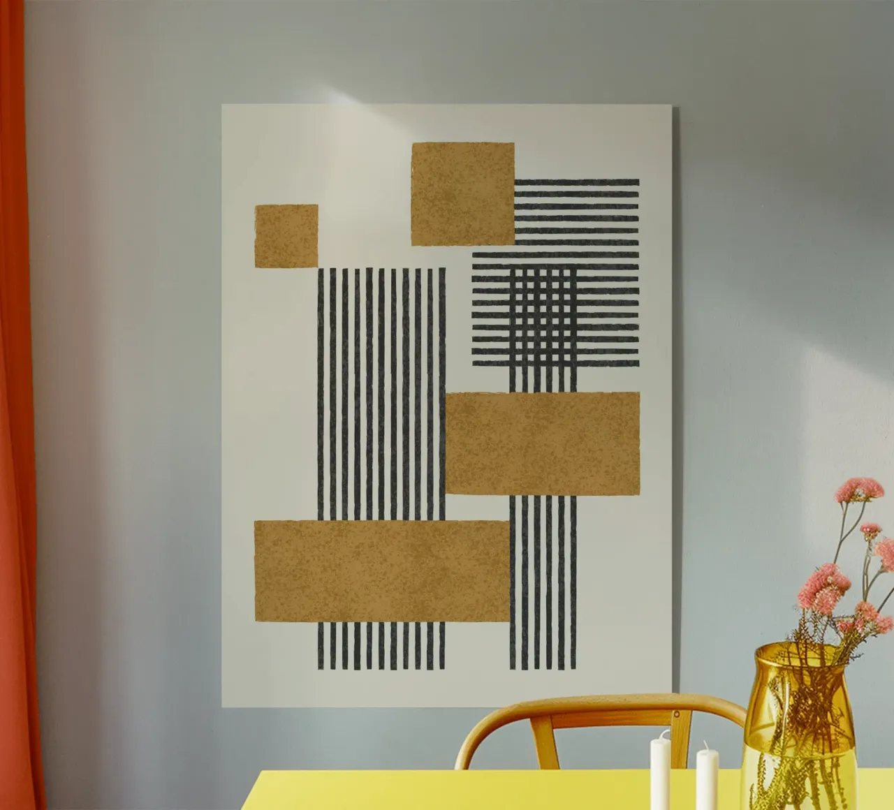 Streifen und Quadratische Komposition - Abstraktes Gold Acryl-Glas von MoonlightPrint