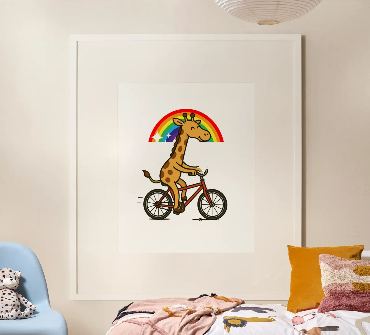 cheerful giraffe rides a bicycle poster con telaio in legno da edsonramosart