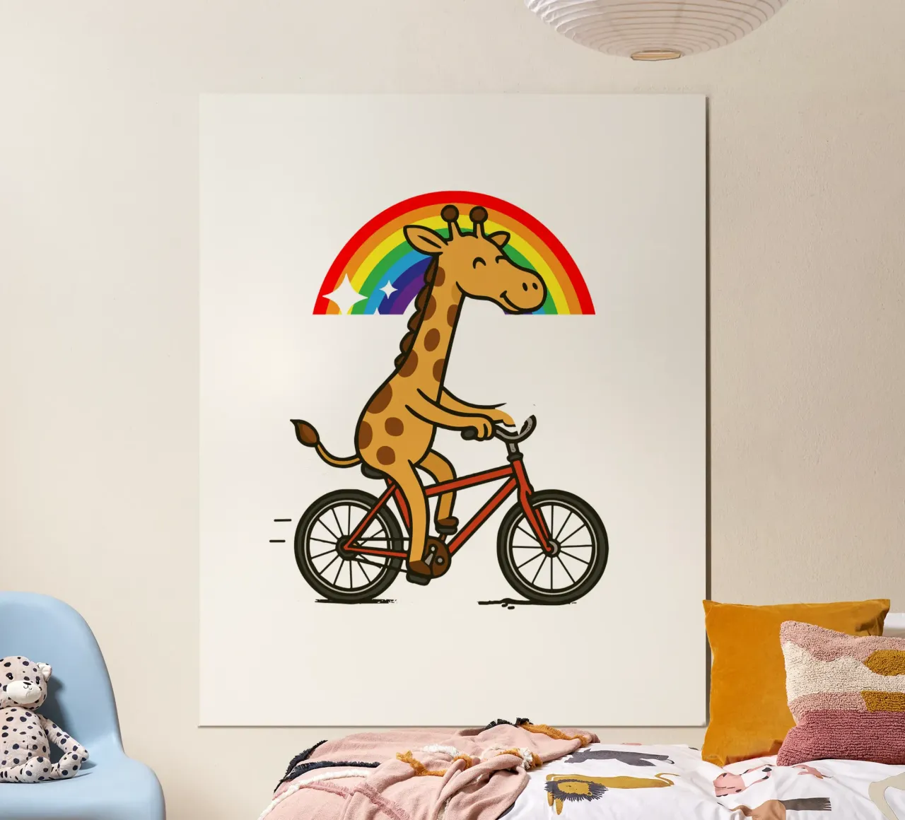 cheerful giraffe rides a bicycle poster con telaio in legno da edsonramosart